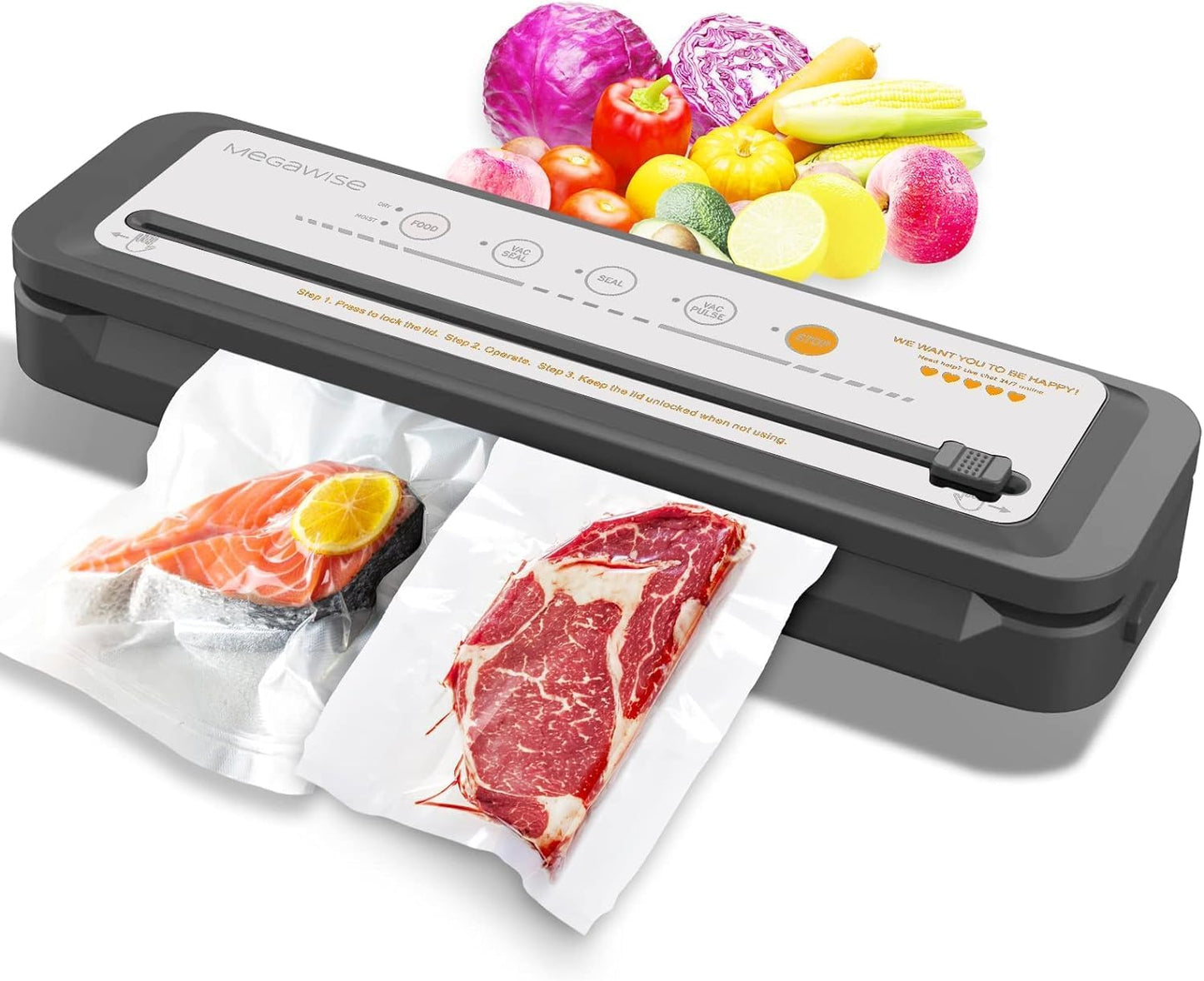 MegaWise Vacuum Sealer Machine | 80kPa Suction Power| Bags and Cutter Included | Compact One-Touch Automatic Food Sealer with External Vacuum System | Dry Moist Fresh Modes for All Saving needs
