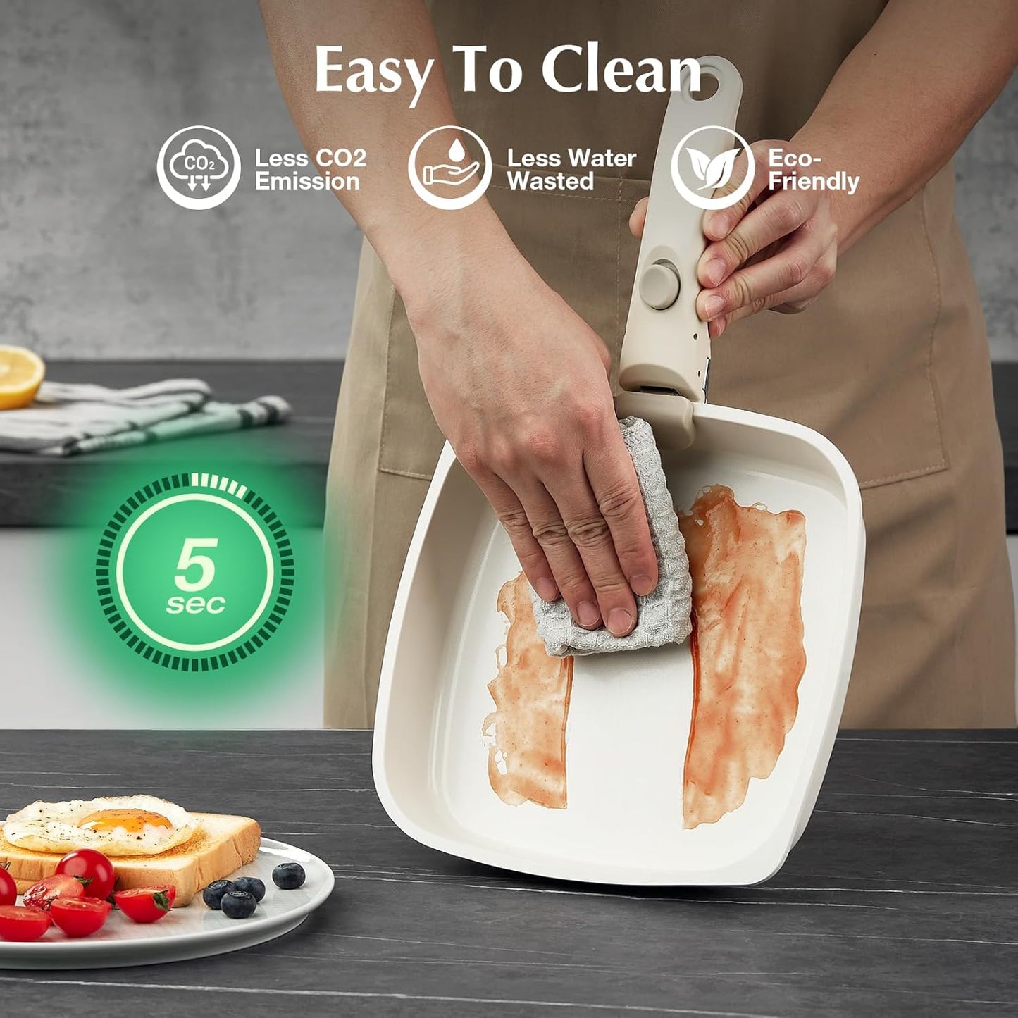 Square Non-Stick Cookware Set - 4Pcs Ceramic Pots & Pans with Detachable Handle, Healthy Non-Toxic & Dishwasher Safe - Space-Saving Design for RV, Camping, Perfect for Pancakes, Bacon & Family Cooking
