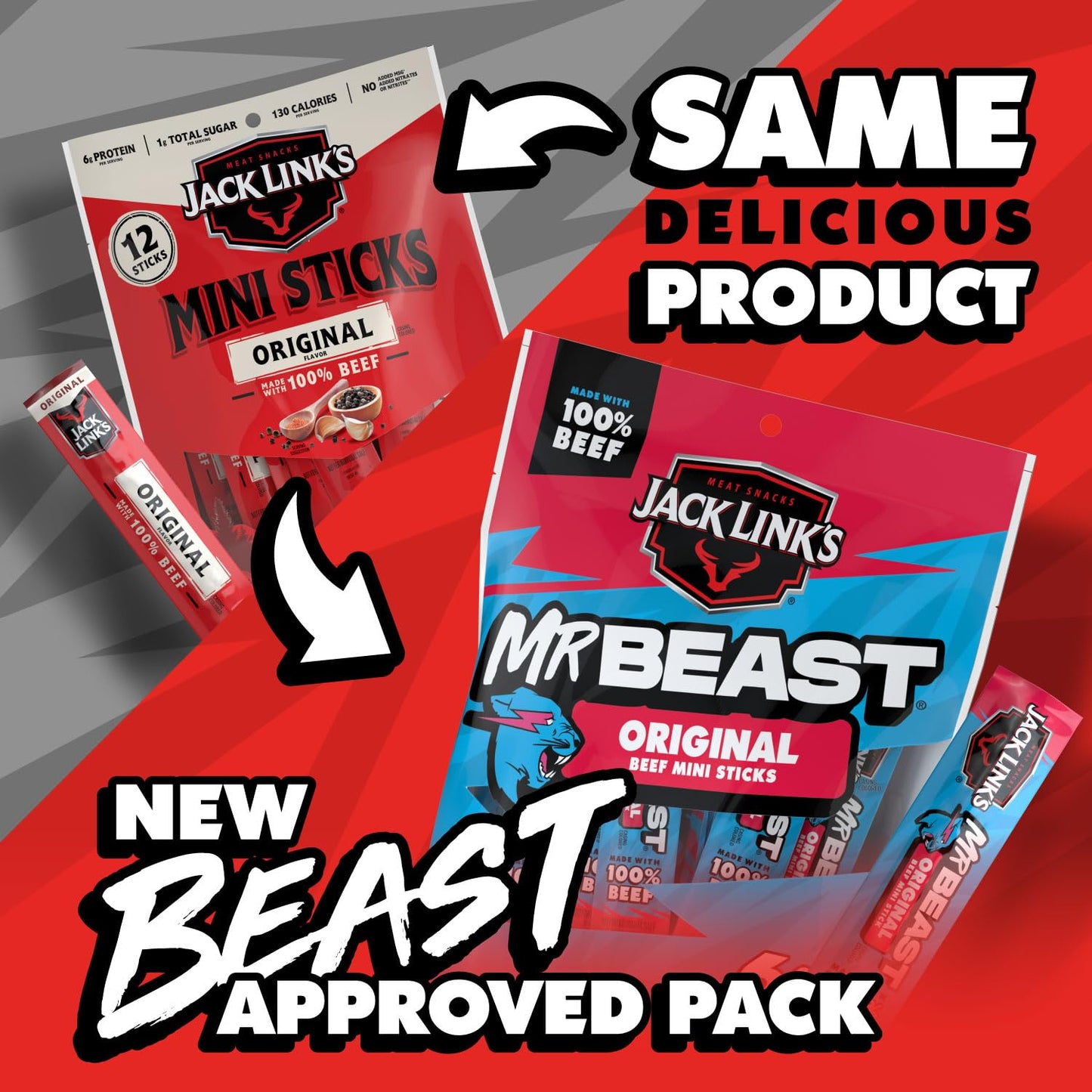 Jack Link's x MrBeast Original Mini Beef Jerky Sticks - Individually Wrapped Protein Snacks - 6g Protein per Serving - Made with 100% Real Beef - (12 Pack) 0.5 oz Meat Sticks