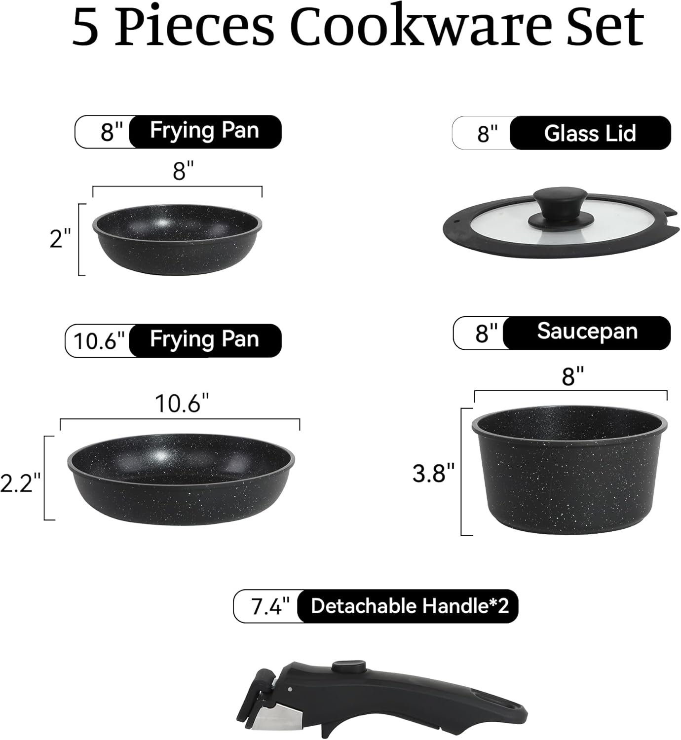 5PCS Pots and Pans Set Non Stick, Kitchen Cookware Sets with Detachable Handle, Ceramic Cookware Sets, Non Stick RV Cookware Cooking Set, Dishwasher & Oven Safe, PFOA Free, Black