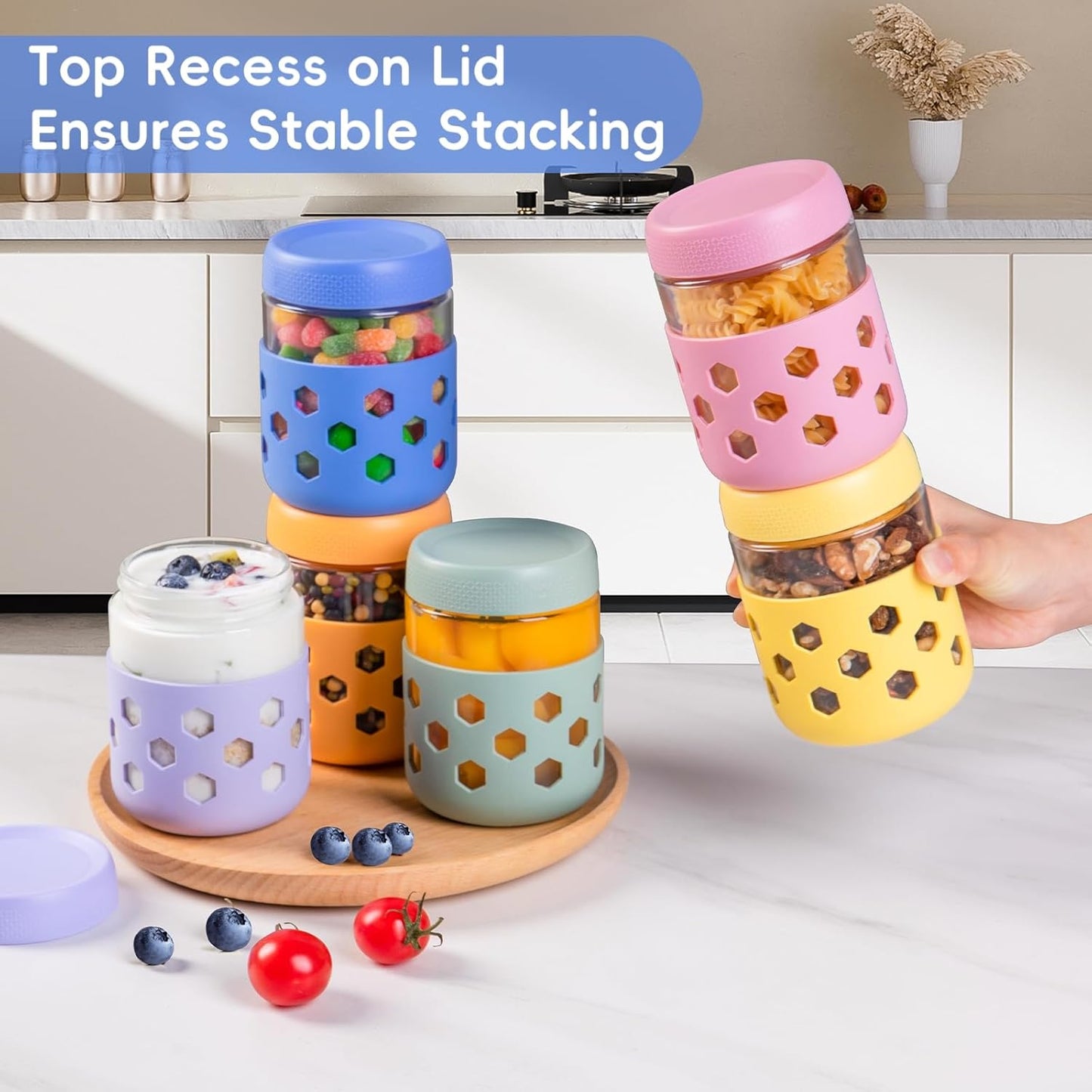 Gemice 6-Pack 16 oz Overnight Oats Containers with Lids and Silicone Sleeves, Glass Mason Jars with Airtight Lid, Dishwasher Safe, Wide Mouth Chia Seed Pudding Meal Prep Jar for Yogurt Berries Snack