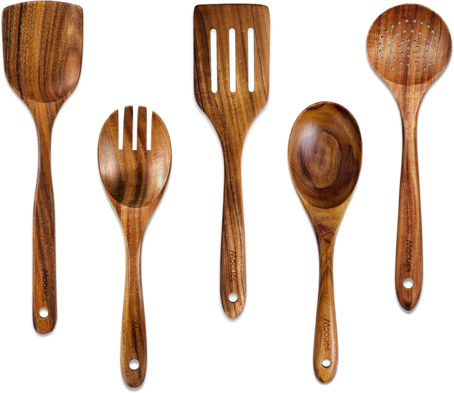 9‑Piece Natural Teak Wooden Kitchen Utensil Set with Spoon Rest and Holder