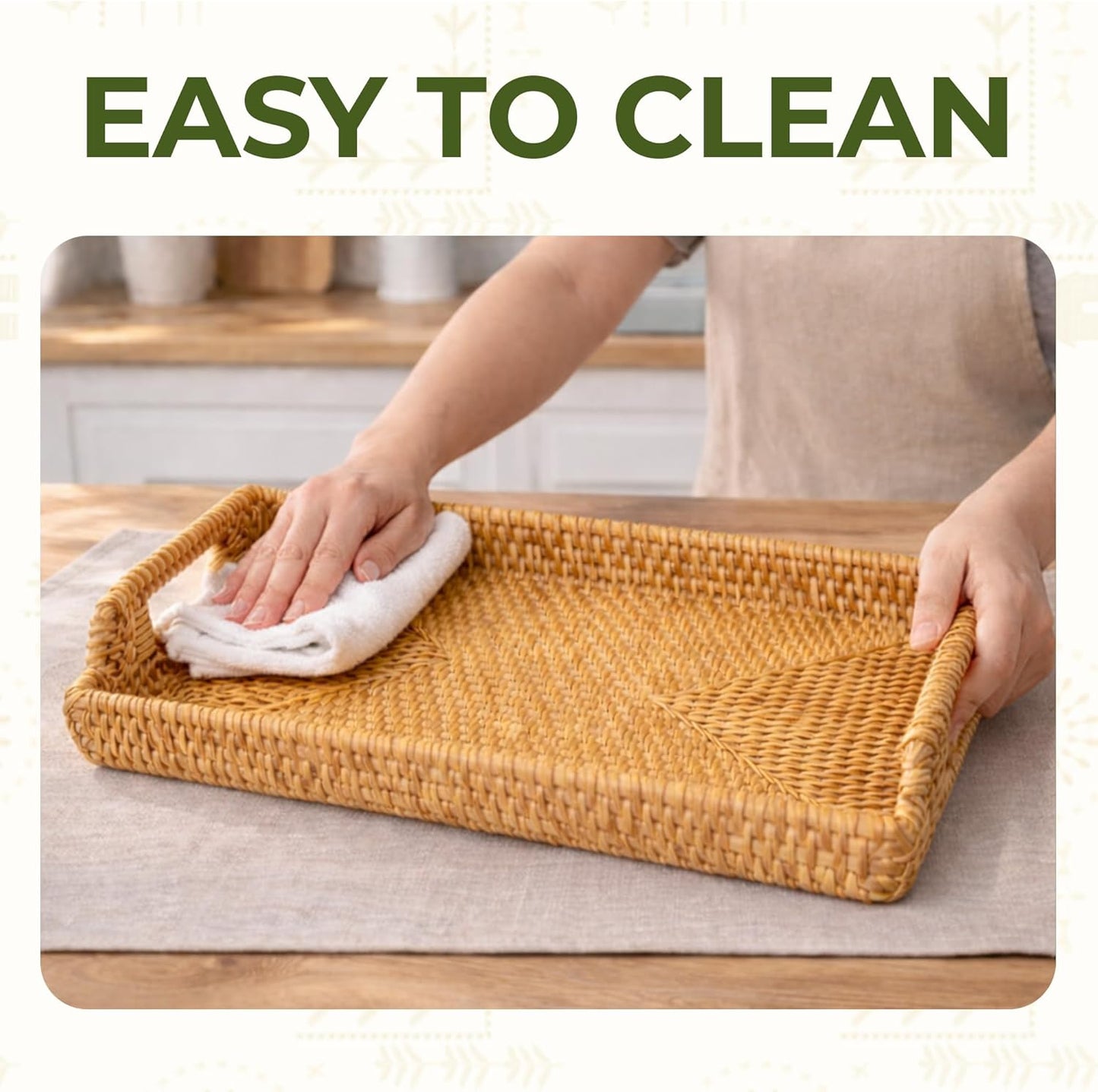Rattan Serving Tray with Handles (11.4 x 16.9 x 2 in) โ Handwoven Wicker Tray for Coffee Table, Breakfast, Ottoman & Home Decor, Natural Woven Tray
