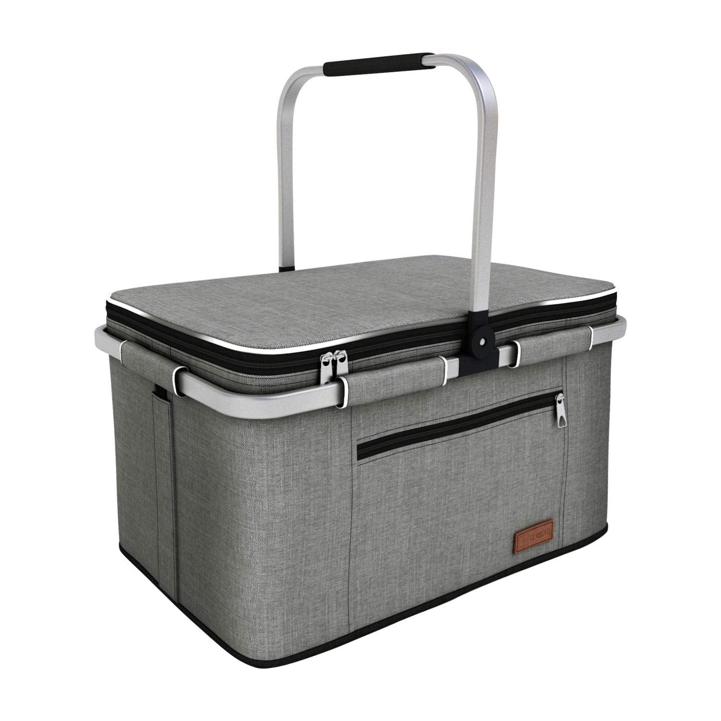 LIQING 35L Large Picnic Basket 2 Layers of Internal Pockets Leak-Proof and Insulated ,Folding with Internal Support for enhansed Stability, Wedding Gifts for Couple(Grey)