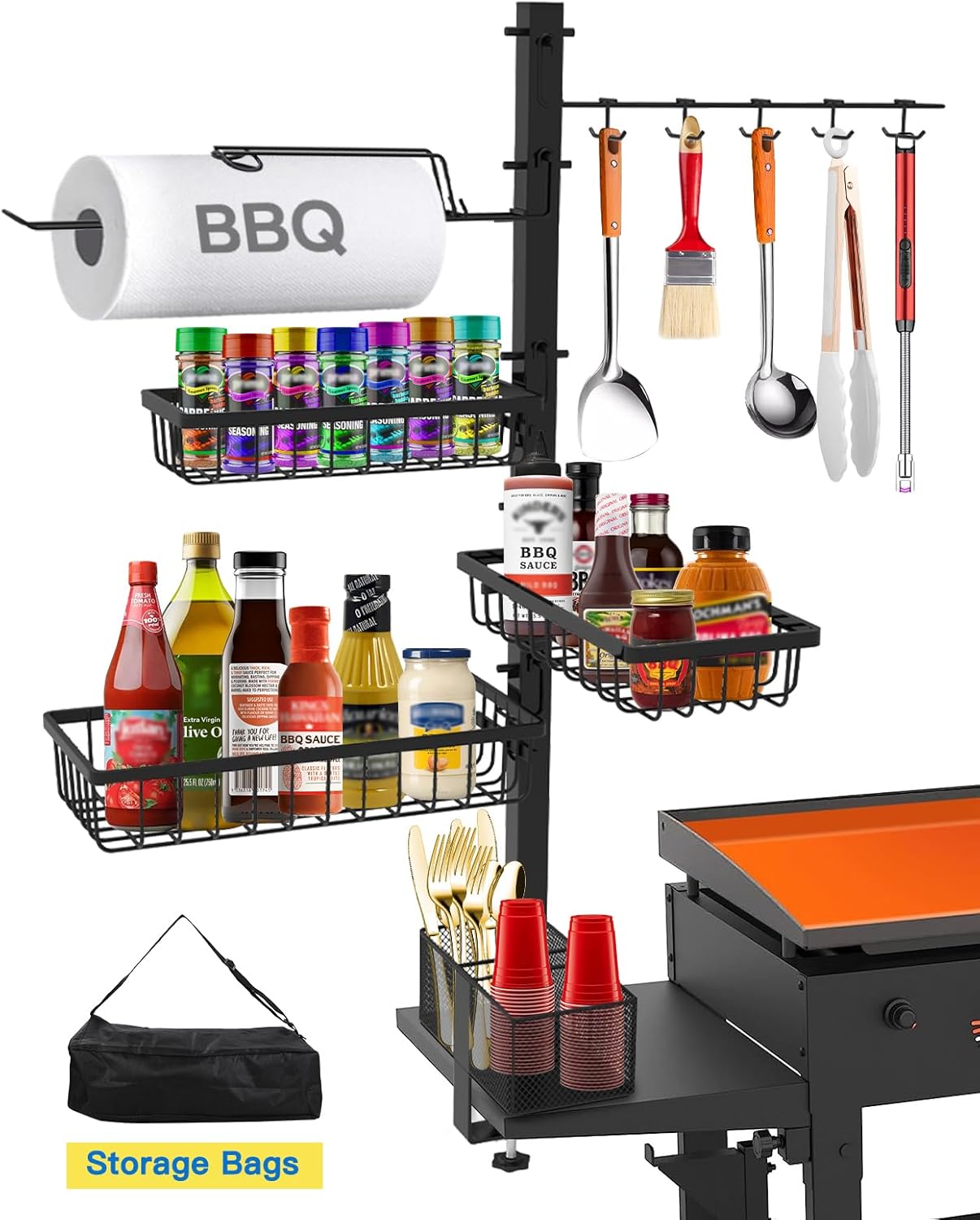 Griddle Caddy Organizer for Blackstone Griddle Accessories, BBQ Grill Picnic Utensil Condiment Caddy with Paper Towel Holder, Outdoor Kitchen Accessories for Camper, Gifts for Men, Dad