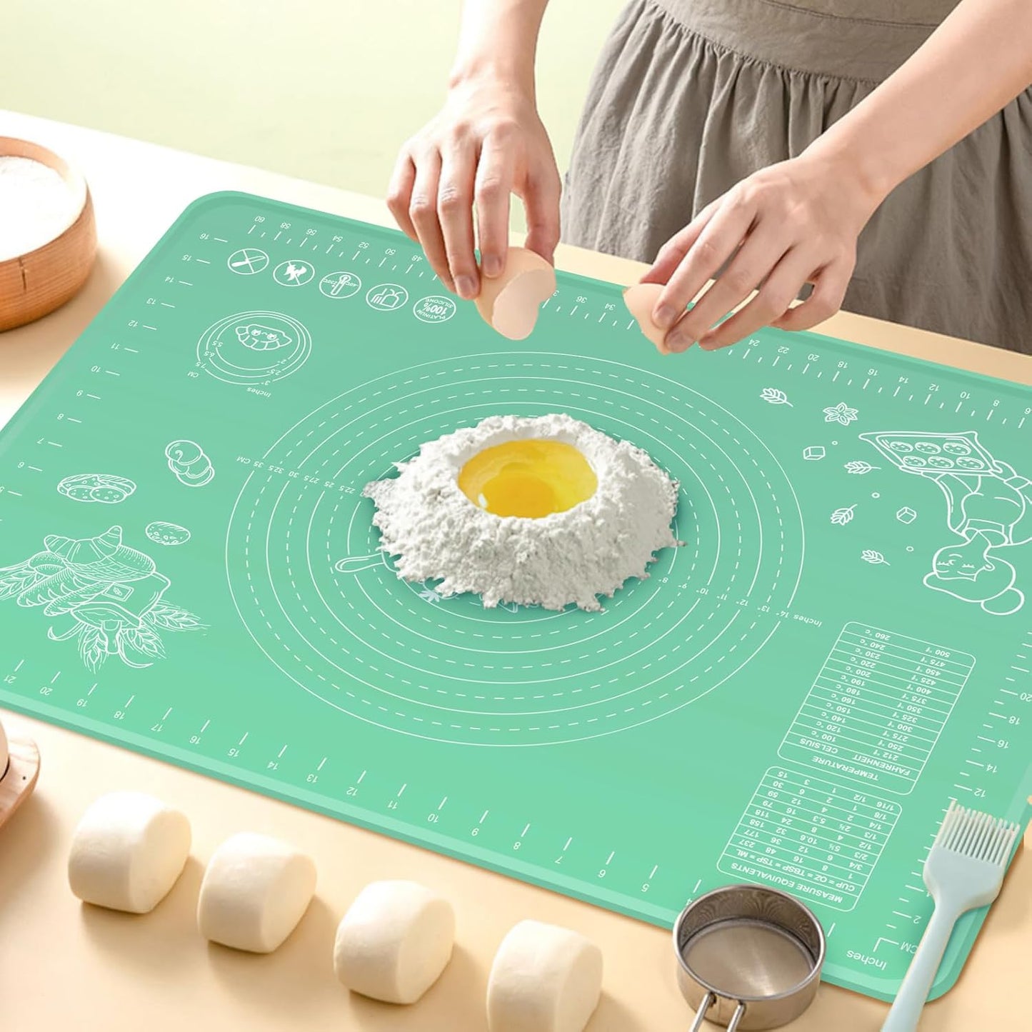 Silicone Baking Mat 24" x 16" Extra Thick Non-stick Pastry Mat with Measurements and Edge Heightening, Food Grade Silicone for Countertop Dough Rolling Making Bread, Cookies, Pizza, Fondant, Pasta