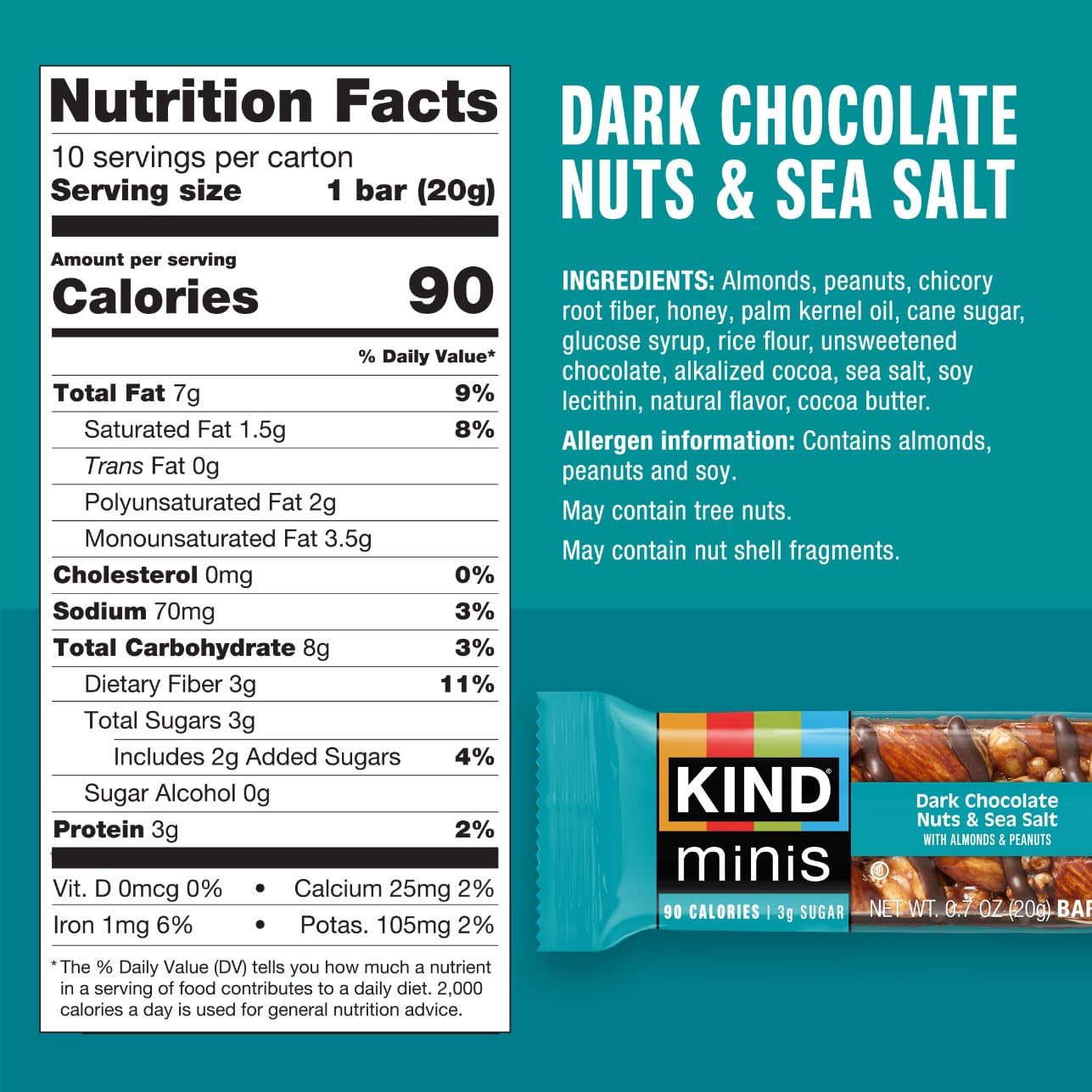 KIND Minis Dark Chocolate Nuts & Sea Salt, 10 Count, 90 Calorie Gluten Free Snacks