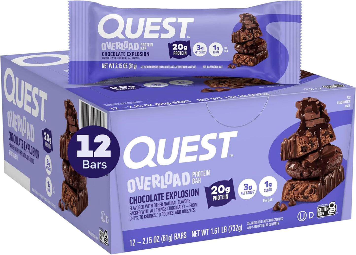 Quest Nutrition Overload Protein Bars, Nutty by Nature Flavored Protein Bars, 20g Protein, 1g Sugar, 3g Net Carbs, Gluten Free, 12 Count