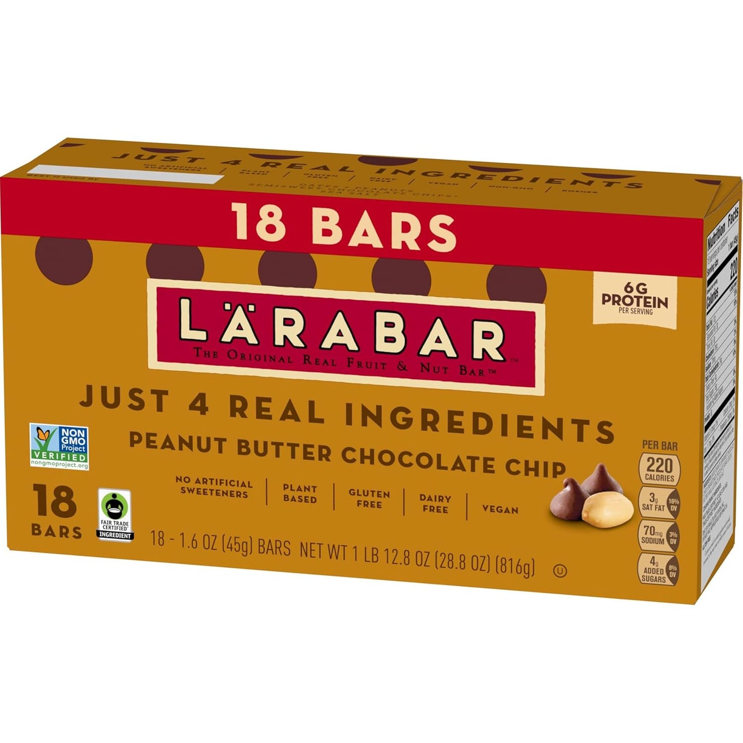 Larabar Peanut Butter Chocolate Chip, Fruit and Nut Bars, Gluten Free and Vegan, 18 Ct, 28.8 oz