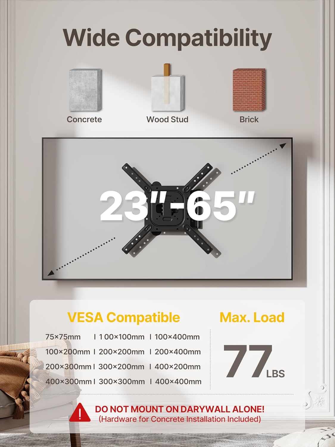monTEK Full Motion TV Wall Mount for 23–65 Inch Flat & Curved TVs and Monitors, Swivel & Tilt Articulating Bracket, Max VESA 400x400mm, Holds up to 77 lbs, Perfect Center Design