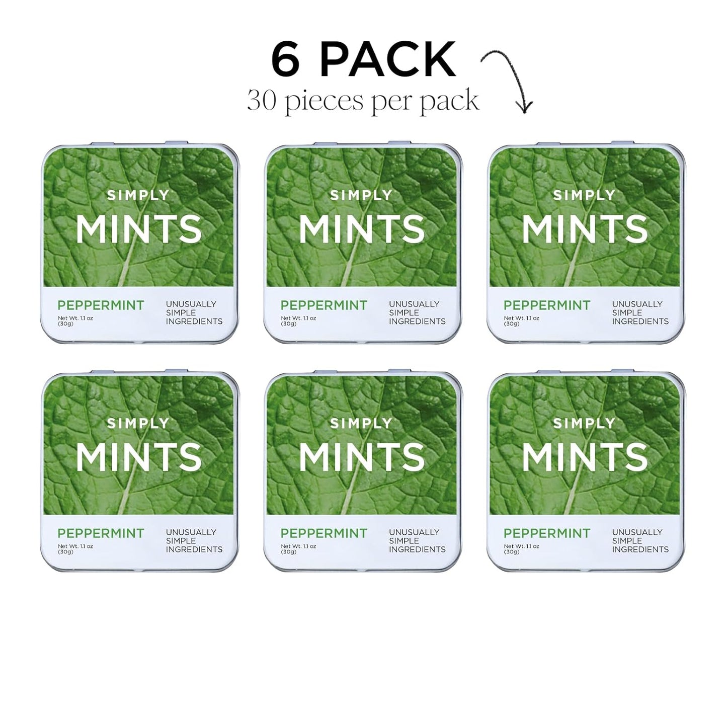 Simply Mints Natural Peppermint Breath Mints, 6 pack with 180 pieces, made with real peppermint oil and no artificial ingredients