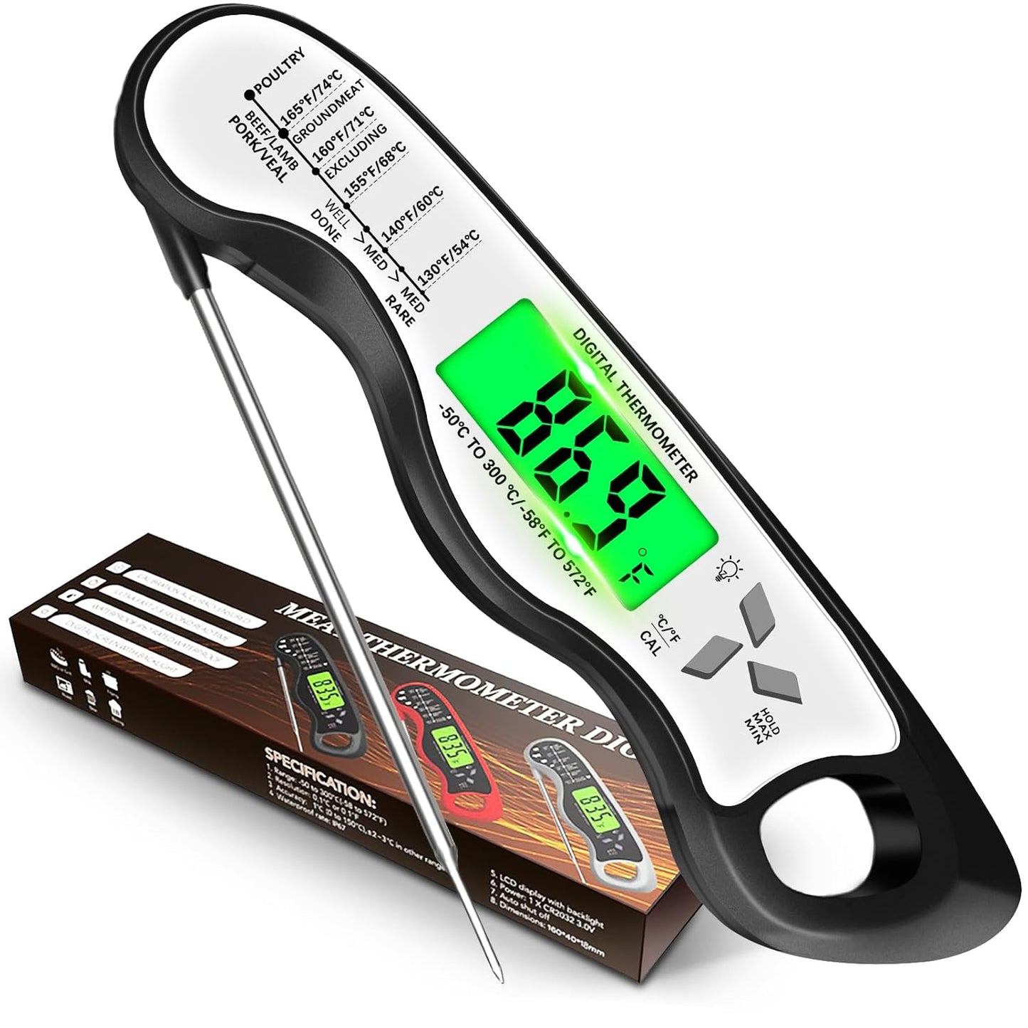 Meat Thermometer Digital,IP67 Waterproof Cooking Thermometer with Backlight, Calibration & Hold Function,Food Thermometer for Cooking,Outdoor Grilling,Suitable as Stocking Stuffers for Men