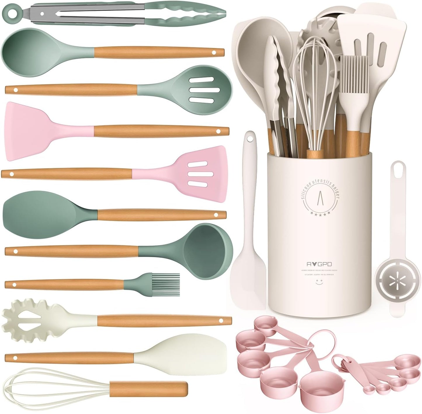AVGPD Silicone Cooking Utensils Set with Wooden Handles – BPA‑Free