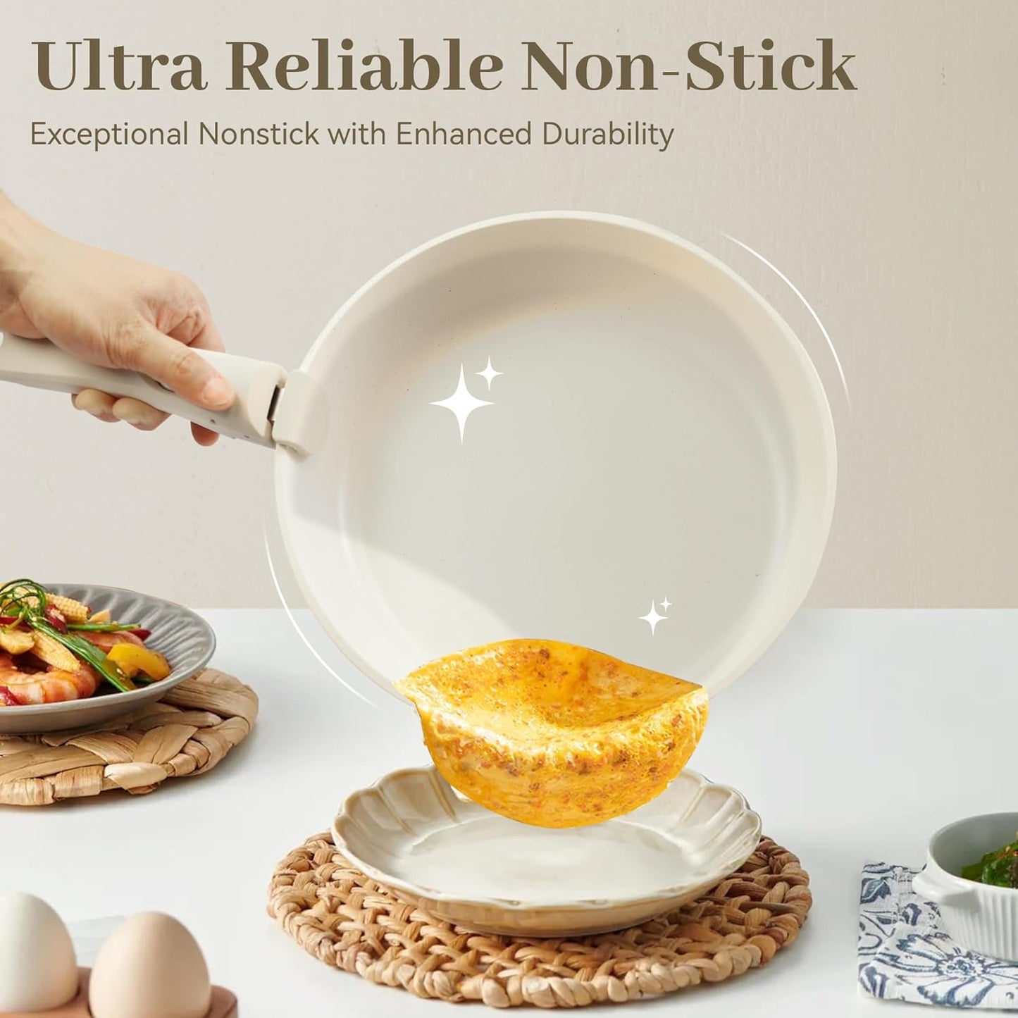 5PCS Pots and Pans Set Non Stick, Kitchen Cookware Sets with Detachable Handle, Induction Cookware Sets, Non Stick RV Cookware Cooking Set, Dishwasher & Oven Safe, PFOA Free, Cream White