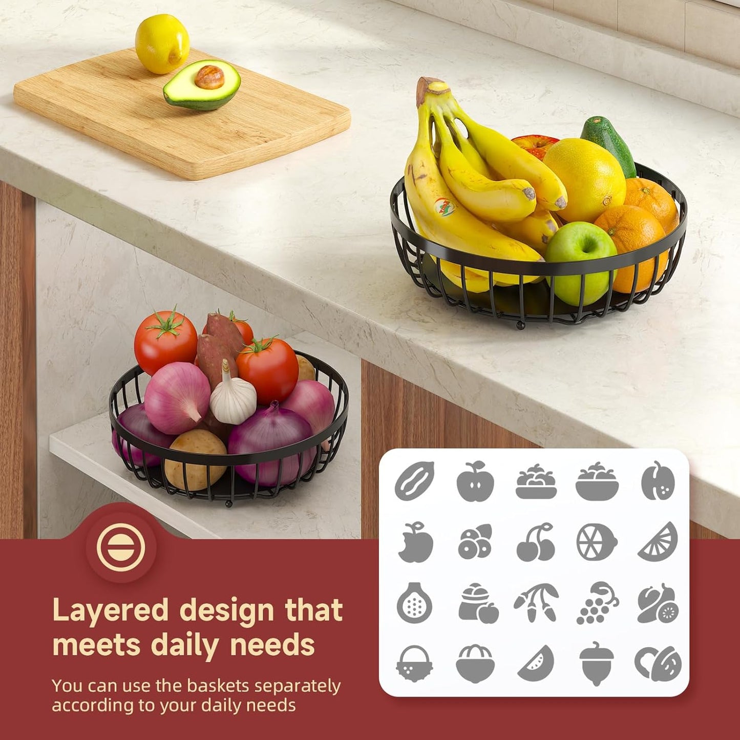 Sevenblue 2 Tier Large Fruit Basket for Kitchen Counter with 2 Banana Hangers, Metal Stackable Fruit Bowl for Kitchen Counter for Bread Vegetable Fruits, Black