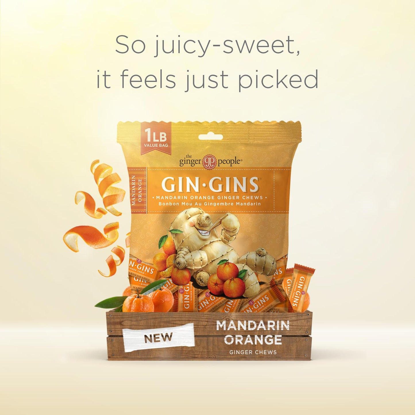 GIN GINS Mandarin Orange Ginger Chews – Natural Fresh Ginger Candy by The Ginger People – Individually Wrapped Healthy Candy – Mandarin Orange Flavor – Large 1 lb Bag (16oz) – Pack of 1