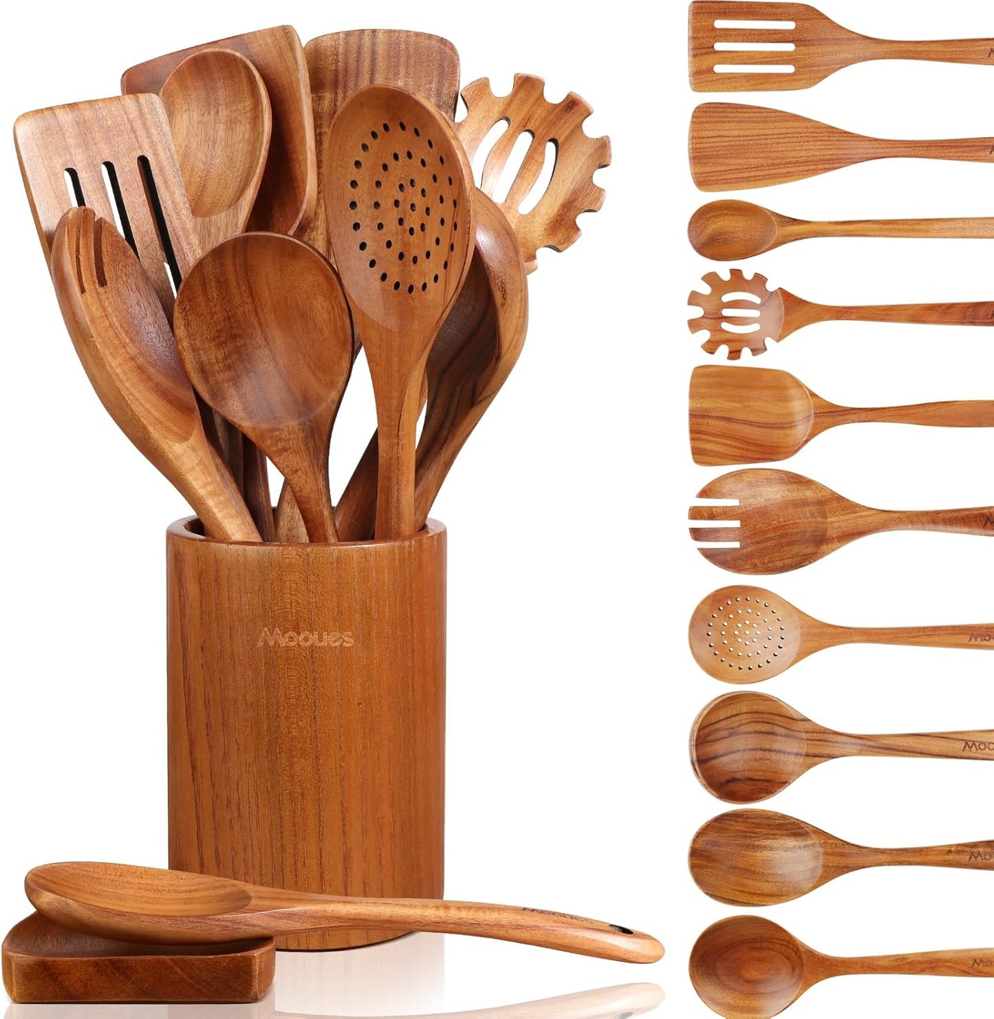 9‑Piece Natural Teak Wooden Kitchen Utensil Set with Spoon Rest and Holder