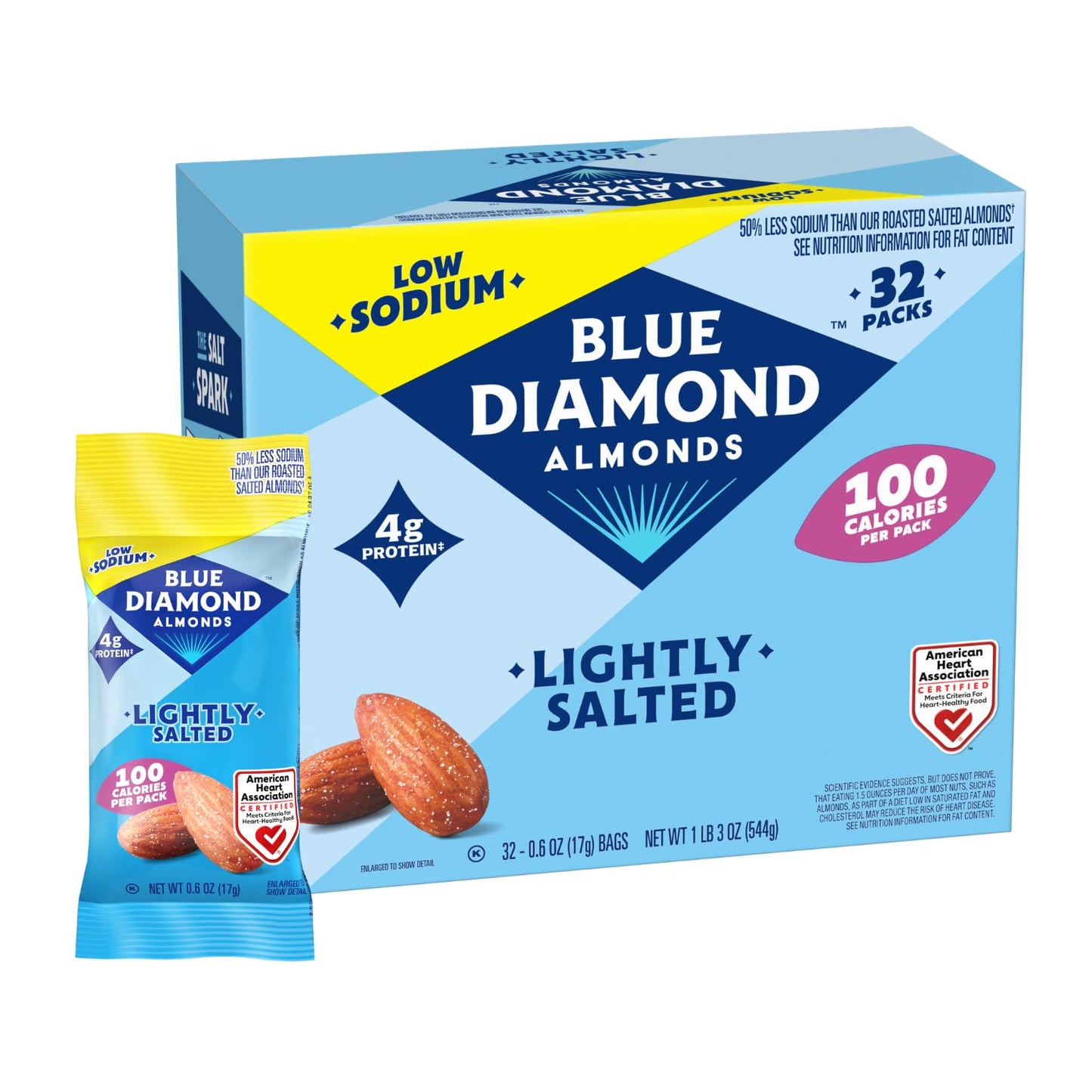Blue Diamond Almonds Low Sodium Lightly Salted Snack Nuts, 100 Calorie Packs, 0.6 Ounce (Pack of 32)