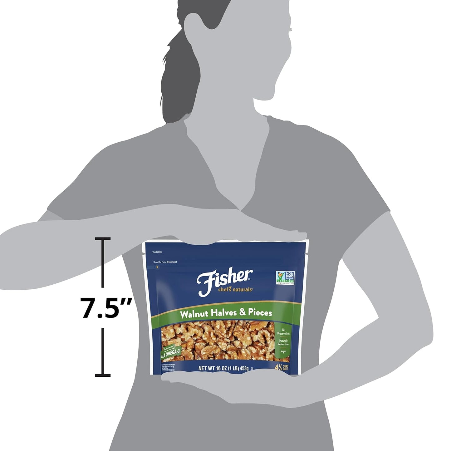 Fisher Chef's Naturals Walnut Halves & Pieces 16 oz, 100% California Unsalted Walnuts for Baking & Cooking, Healthy Snacks for Adults, Resealable Bag, Vegan Protein, Keto Snack, Chopped Nuts, Topping