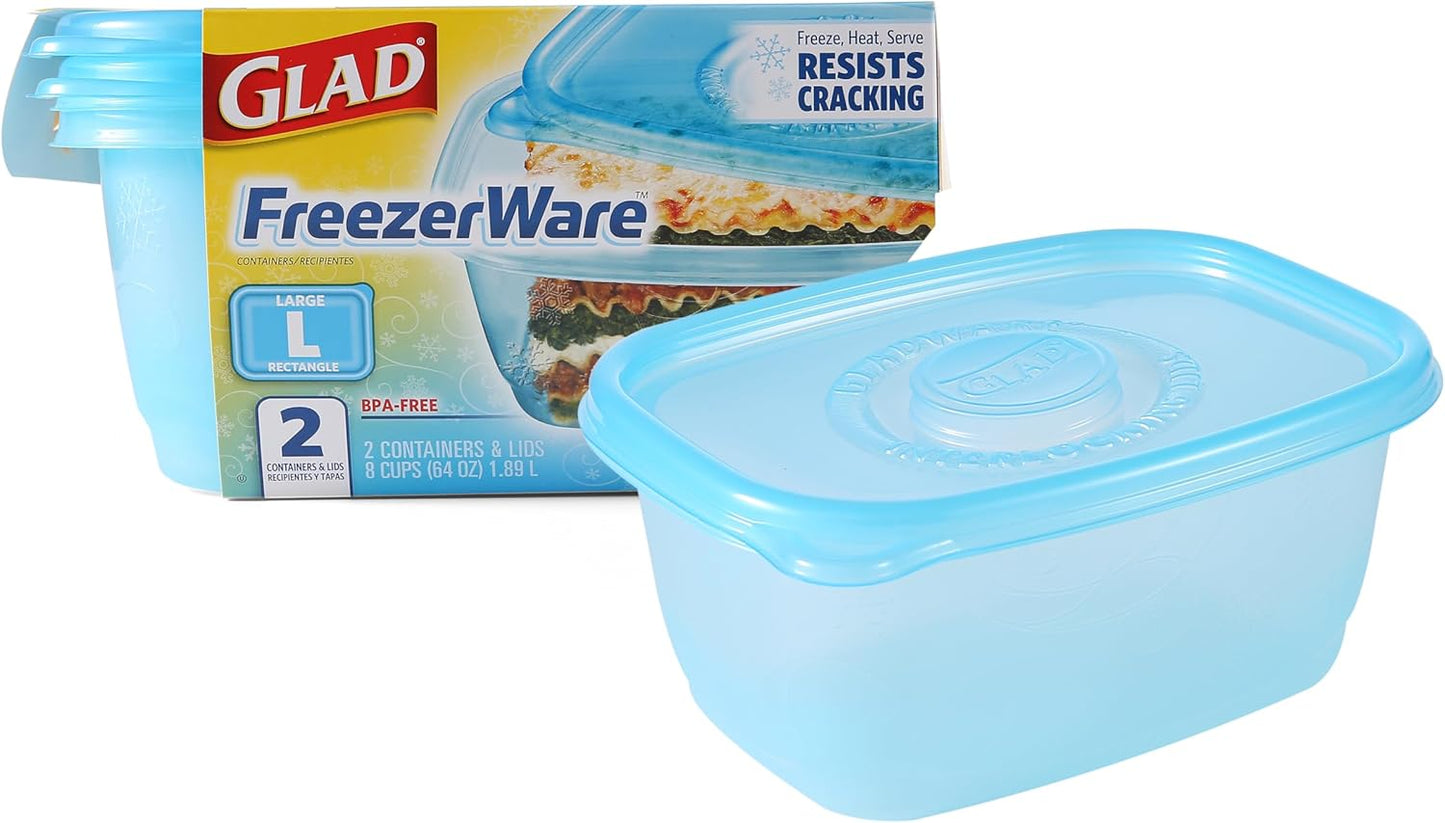 Gladware Freezerware Food Storage Containers, Large Rectangle Holds 64 Ounces of Food, 2 Count Set | Tupperware, Plastic Food Container, Meal Prep Container, Plastic Containers with Lids