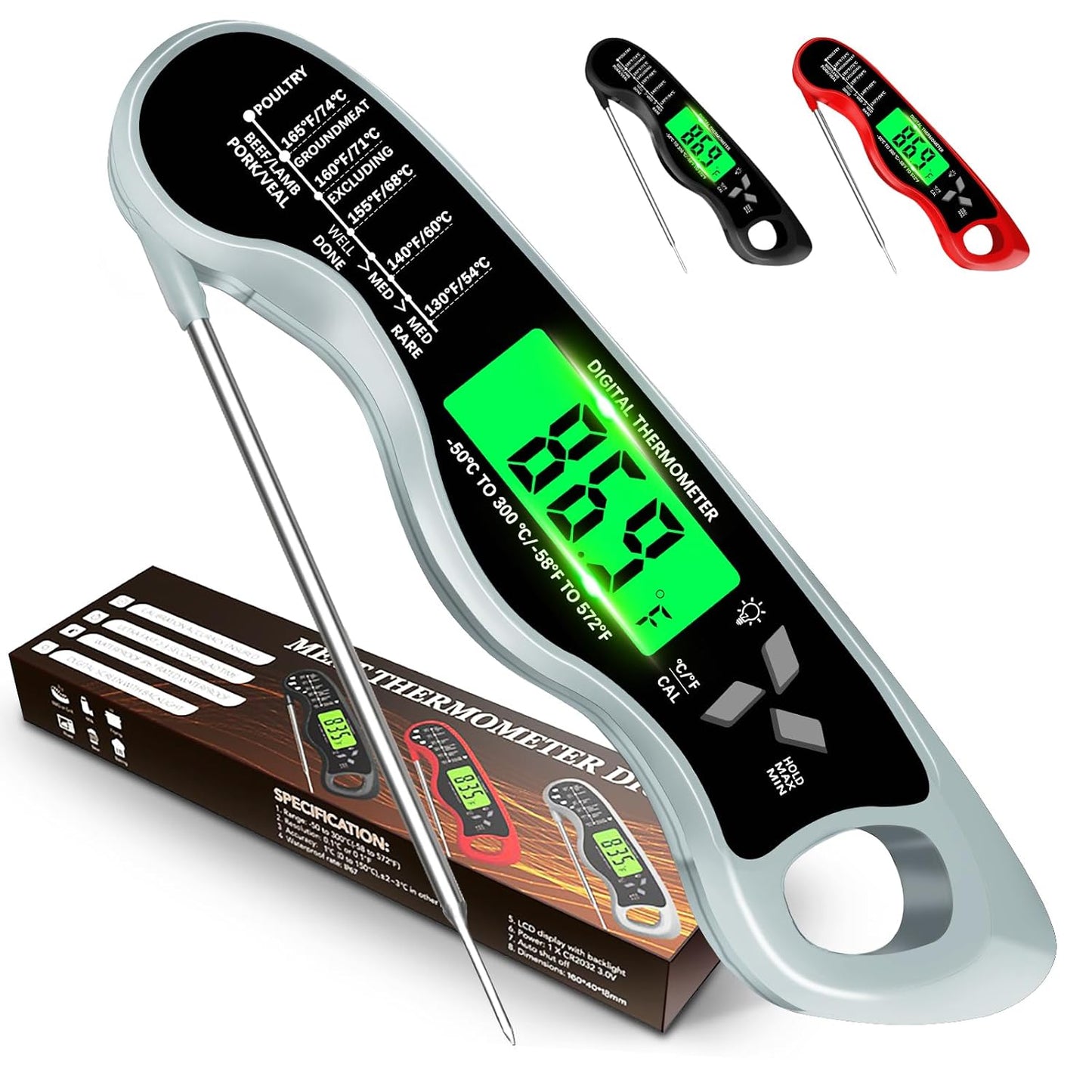 Meat Thermometer Digital,IP67 Waterproof Cooking Thermometer with Backlight, Calibration & Hold Function,Food Thermometer for Cooking,Outdoor Grilling,Suitable as Stocking Stuffers for Men