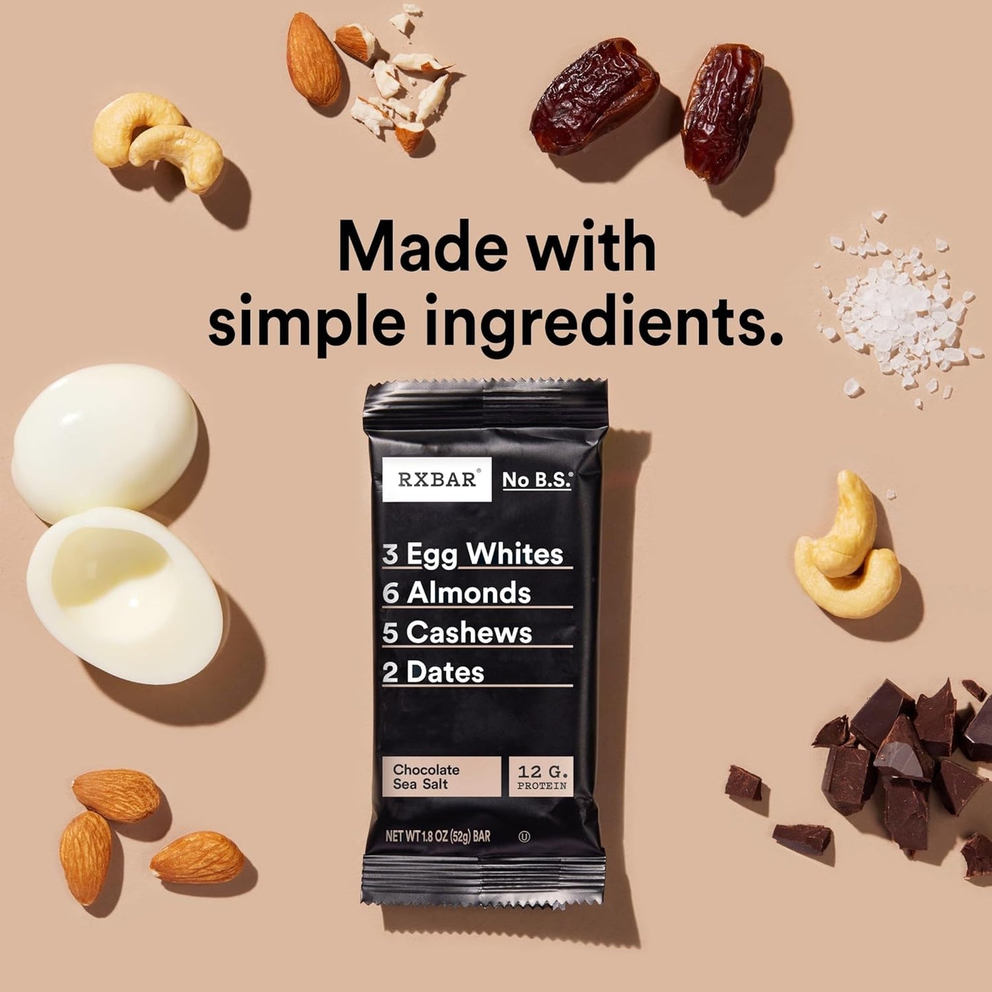 RXBAR Chocolate Sea Salt Protein Snack Bars, 18.3oz Box (10 Count), Gluten Free, 12g Protein
