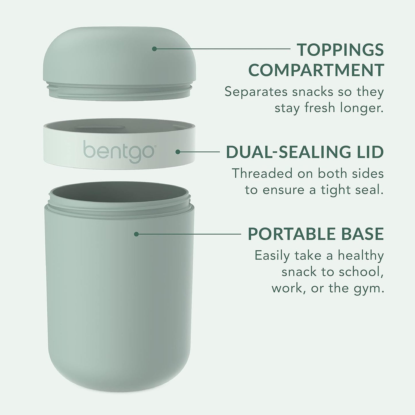 Bentgo Snack Cup - Reusable Snack Container with Leak-Proof Design, Toppings Compartment, and Dual-Sealing Lid, Portable & Lightweight for Work, Travel, Gym - Dishwasher Safe (Mint Green)