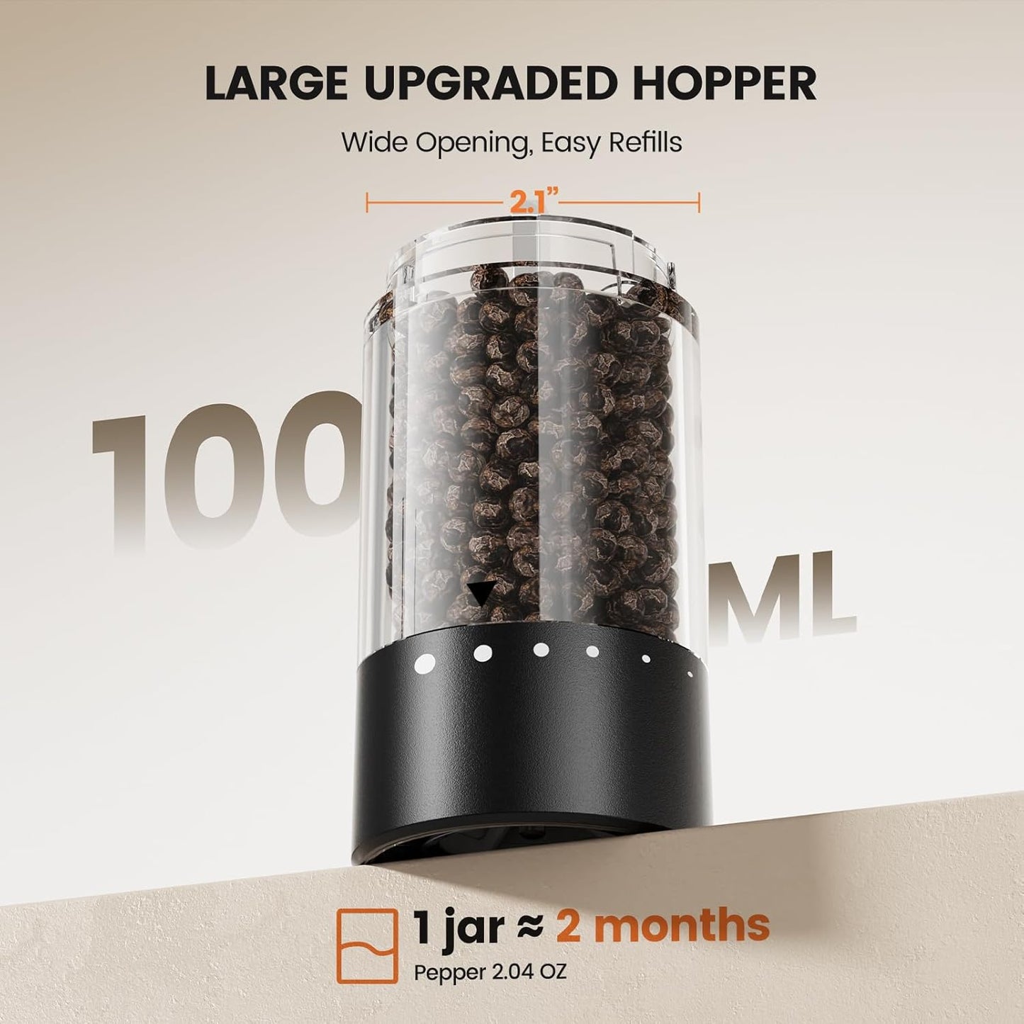 Electric Salt and Pepper Grinder Set - Rechargeable Automatic Salt and Pepper Shakers, Kitchen Appliances with External Adjustable Coarseness, Larger Hopper for Christmas Gifts(2 Pack,Black/Black)