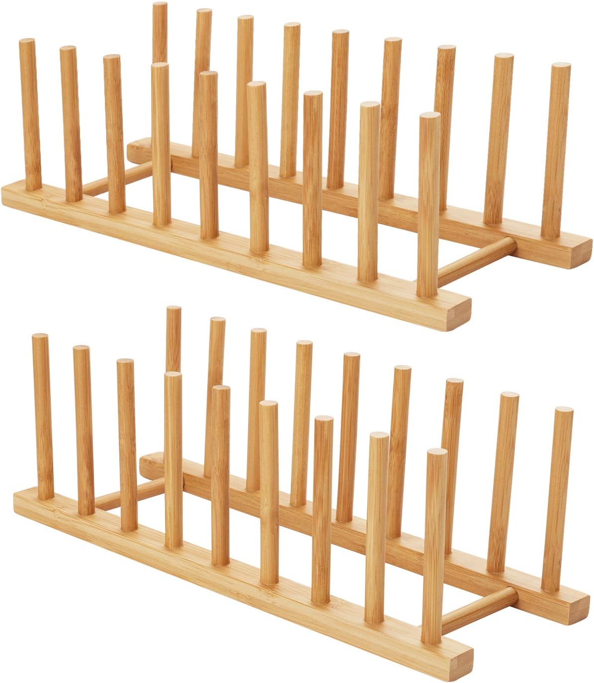 HBlife 2pcs Bamboo Dish Plate Bowl Cup Book Pot Lid Cutting Board Drying Rack Stand Drainer Storage Holder Organizer Kitchen Cabinet(Keep Dry)