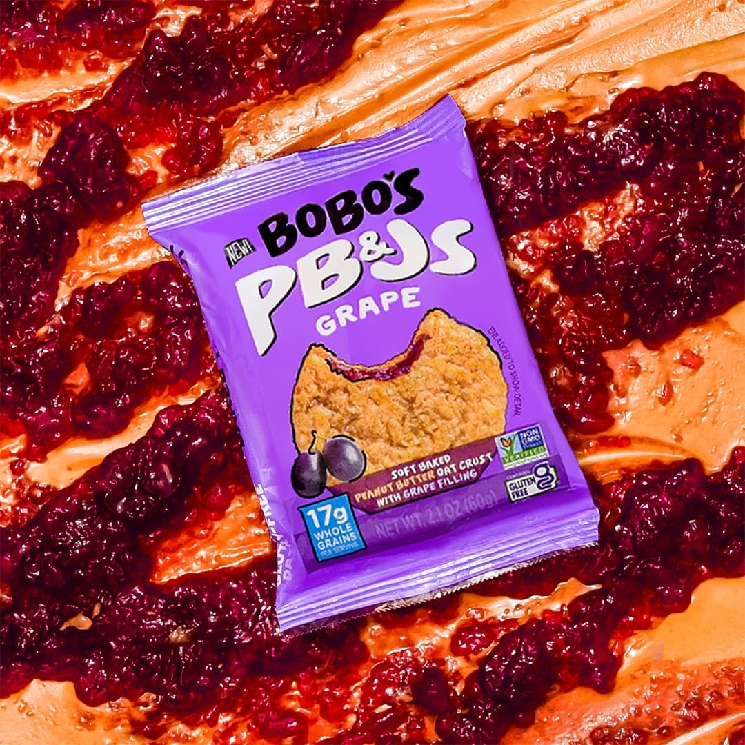 Bobo's Grape PB&J Oat Snacks, Simple Ingredients, Whole Grain Oats, Plant Based, Non-GMO, Gluten Free Breakfast Bars, Healthy Snacks for Adults & Kids (24 Snacks)