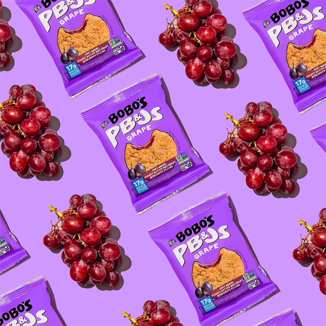 Bobo's Grape PB&J Oat Snacks, Simple Ingredients, Whole Grain Oats, Plant Based, Non-GMO, Gluten Free Breakfast Bars, Healthy Snacks for Adults & Kids (24 Snacks)