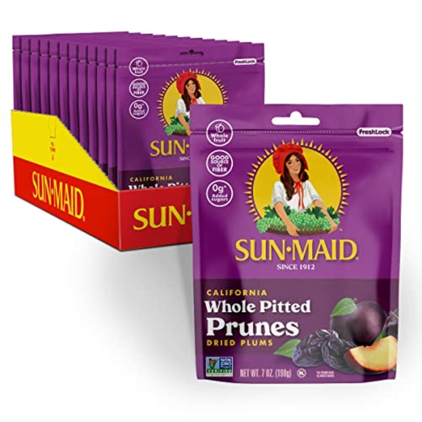 Sun-Maid California Sun-Dried Whole Pitted Prunes - (4 Pack) 7 oz Resealable Bag - Dried Plums - Dried Fruit Snack for Lunches, Snacks, and Natural Sweeteners