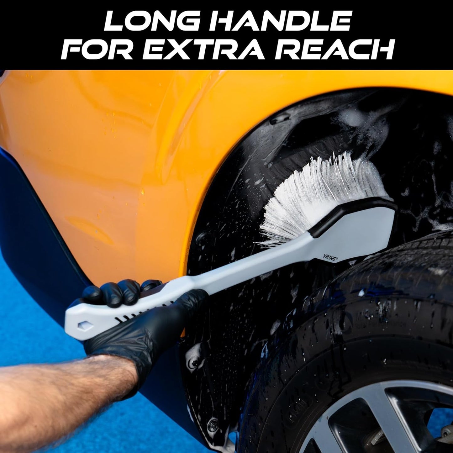VIKING Car Wash Brush, Wheel and Fender Brush, Long Handle Tire Cleaner for Car Detailing, 16.5 Inch, Grey/Black