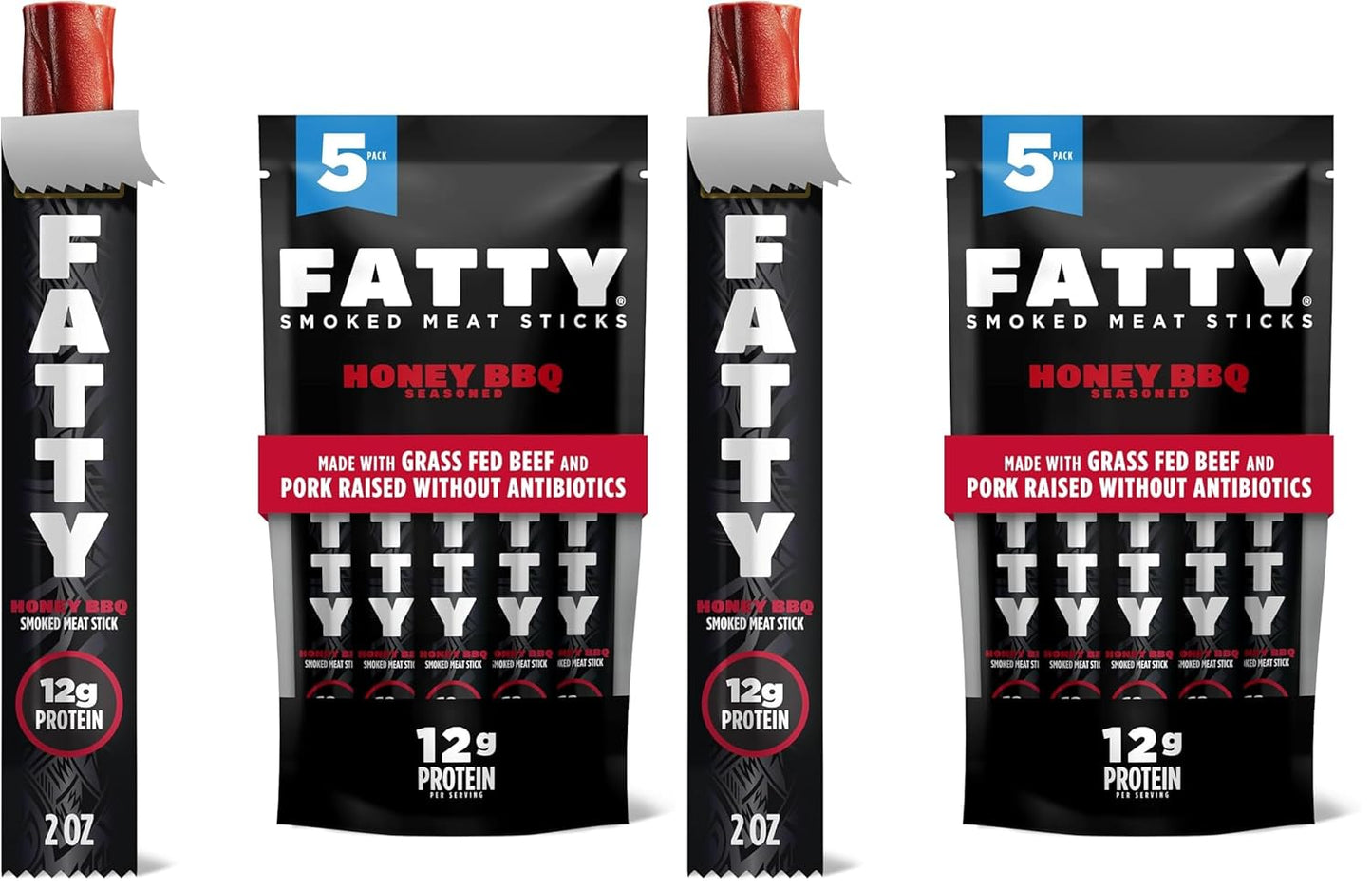 FATTY Meat Sticks, Made with Grass Fed Beef, Pork Raised Without Antibiotics, 12g Protein Per Stick, Honey BBQ, 2 oz. (Pack of 5)