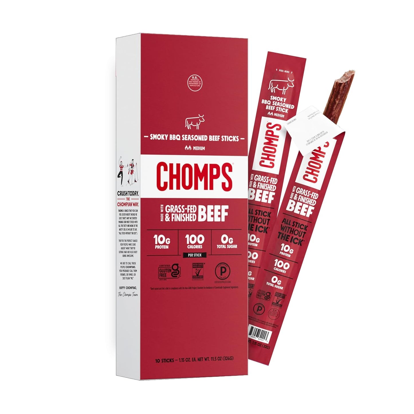 Chomps Grass-Fed and Finished Smoky BBQ Beef Jerky Snack Sticks 10-Pack - Keto, Paleo, Whole30, 10g Lean Meat Protein, Gluten-Free, Zero Sugar Food, Non-GMO