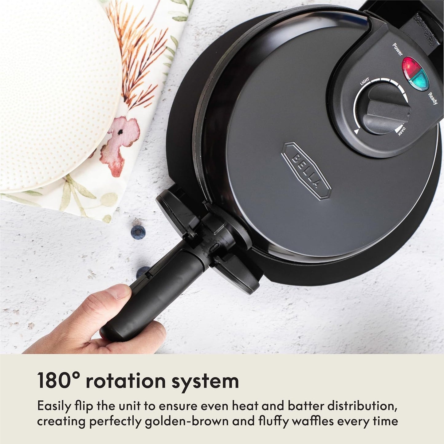 bella Classic Rotating Belgian Waffle Maker with Nonstick Plates, Removable Drip Tray, Adjustable Browning Control and Cool Touch Handles, Black