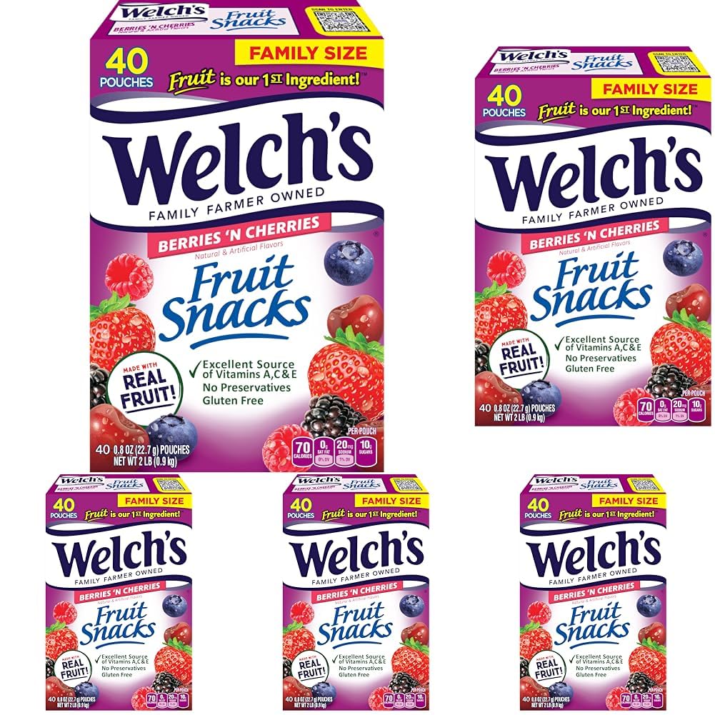 Welch's Fruit Snacks, Berries 'N Cherries Snack Box, Gluten Free, 0.8oz Snack Packs (Pack of 40)