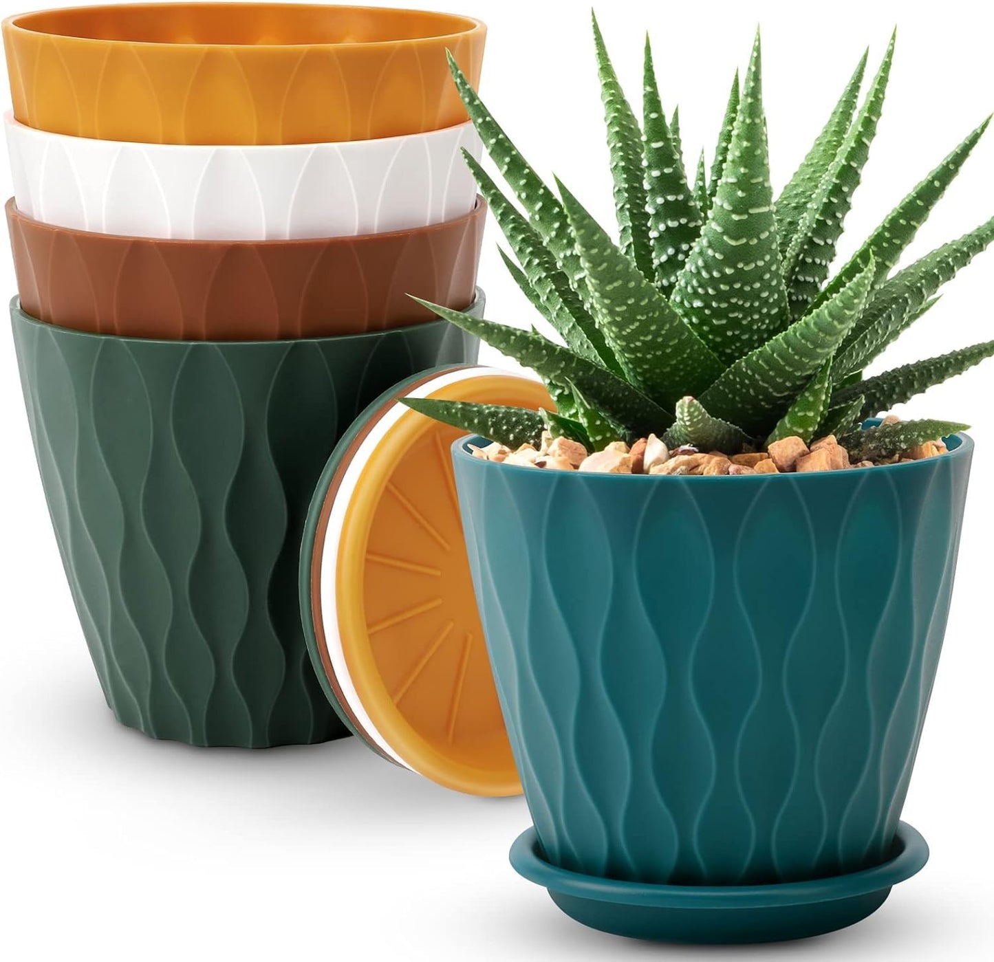 6 inch Plant Pots, 5 Pack Flower Pots Outdoor Indoor, Planters with Drainage Holes and Tray Saucers(Multicolor)