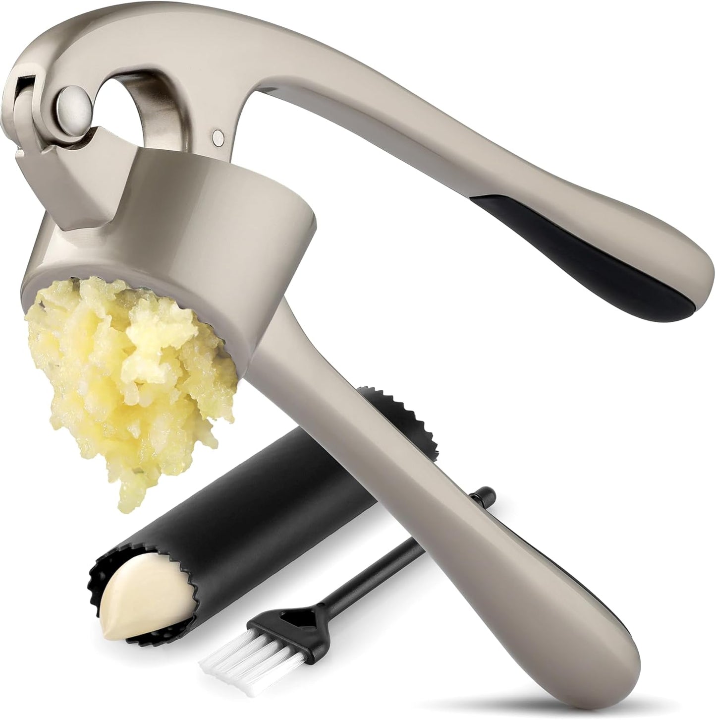 Zulay Kitchen Premium Garlic Press Set - Rust Proof Professional Garlic Mincer Tool - Easy-Squeeze, Easy-Clean with Soft, Ergonomic Handle - Silicone Garlic Peeler & Brush (Silver)