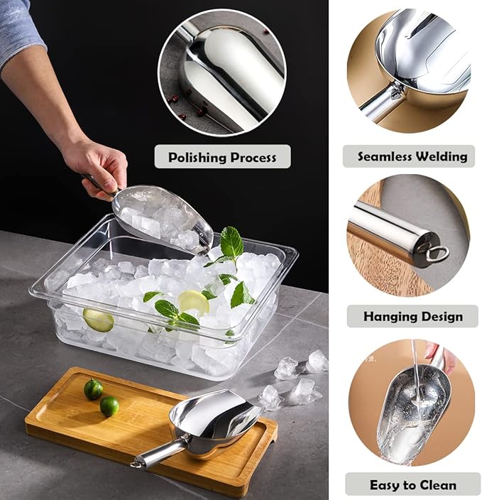 Metal Ice Scoop 6 Oz,Kitchen Ice Scooper for Ice Maker, Small Food Scoops for Bar Party Wedding Pet Dog Food, Stainless Steel Silver