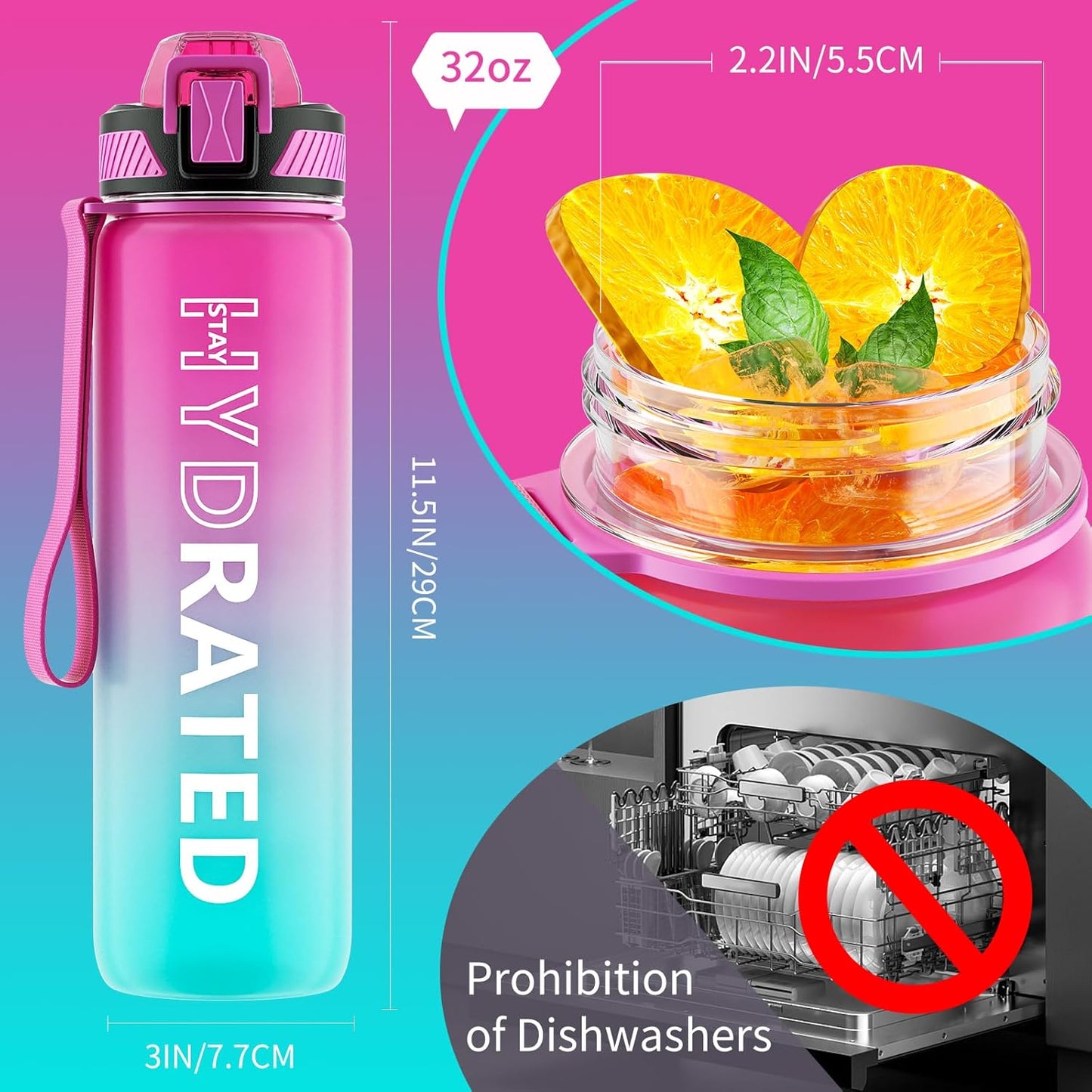 Water Bottle with Straw, 32oz Motivational Water Bottles with Time Marker to Drink, Tritan BPA Free, 1L Sports Water Bottle with Carry Strap LeakProof for Women Gym Fitness Outdoor (1 Pack)