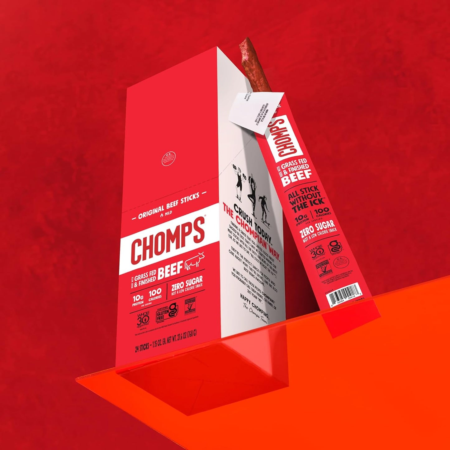 Chomps 10-pack grass-fed beef jerky snack sticks, keto, paleo, whole30, 10g protein, zero sugar, gluten-free