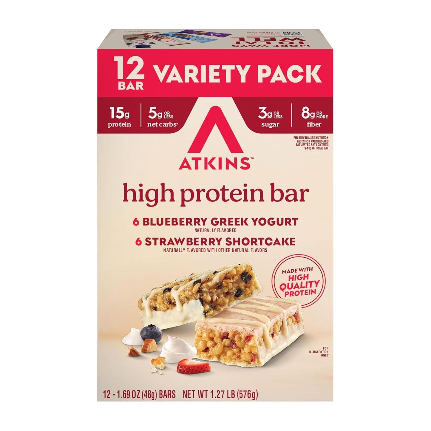 Atkins Chocolate Chip Granola Protein Bar, High Fiber, Low Sugar, 17g Protein, 3g Net Carb, High Protein Bars, Keto Friendly, 12 Count