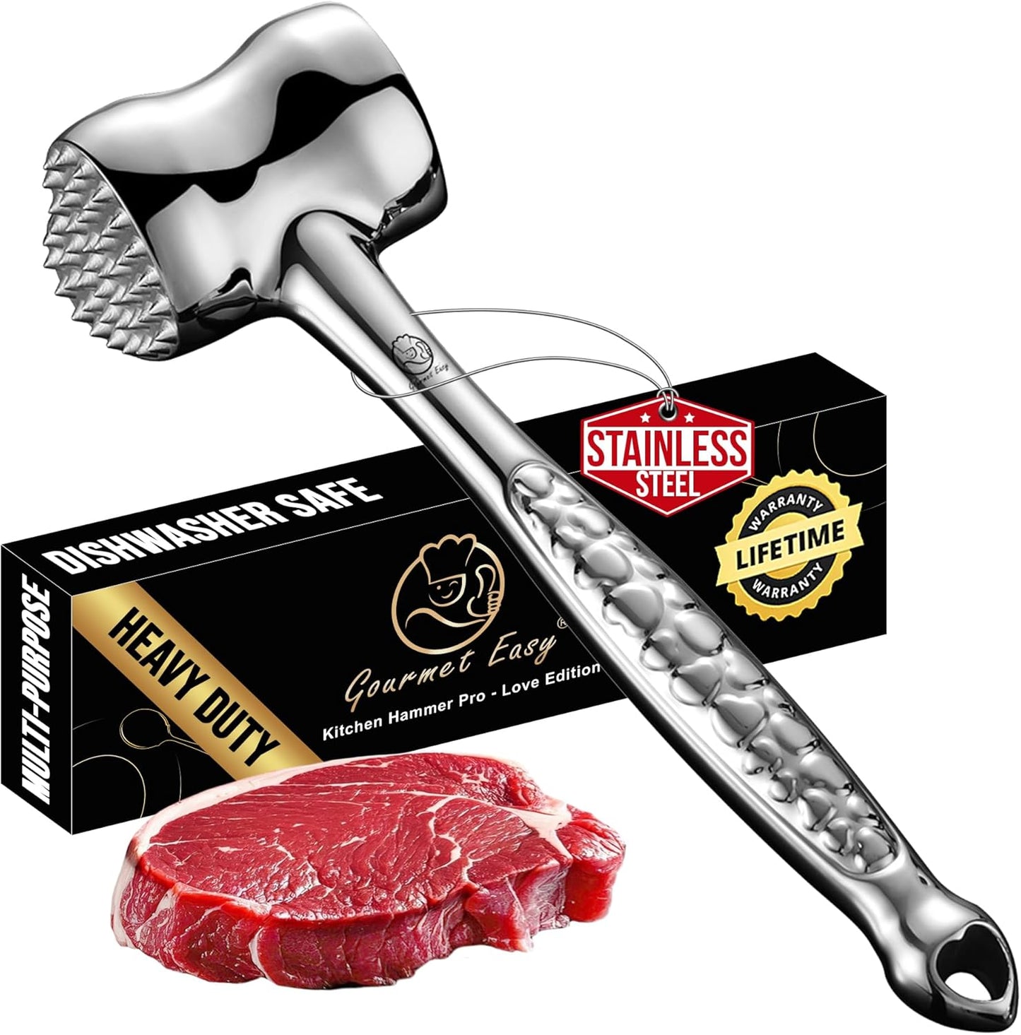 Stainless Steel Meat Tenderizer Tool, Premium Meat Mallet with Non-Slip Grip, Dual-sided Kitchen Mallet Ideal for Tenderizing Steak, Poultry & Chicken Cutlet, Dishwasher Safe with Lifetime Replacement