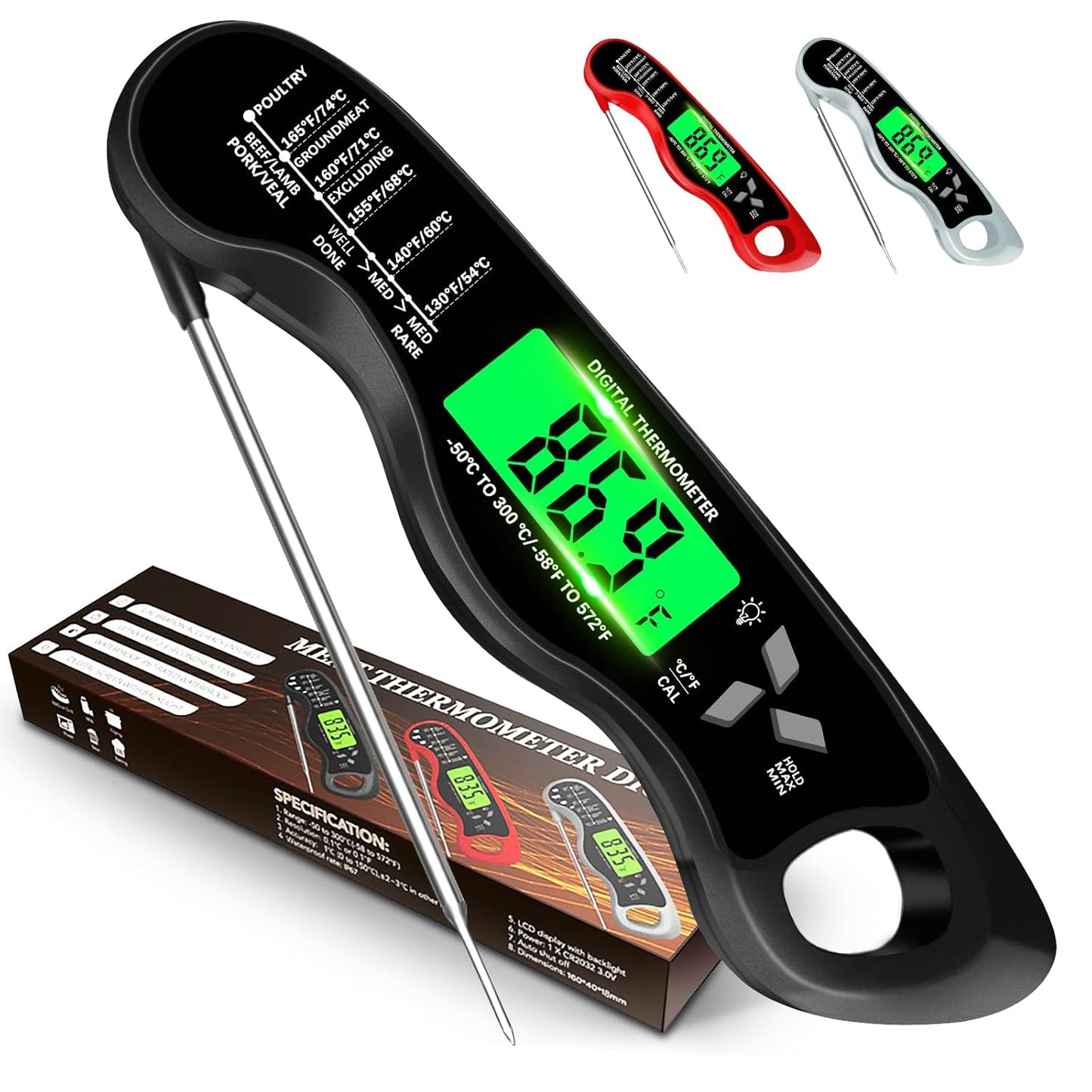 Meat Thermometer Digital,IP67 Waterproof Cooking Thermometer with Backlight, Calibration & Hold Function,Food Thermometer for Cooking,Outdoor Grilling,Suitable as Stocking Stuffers for Men