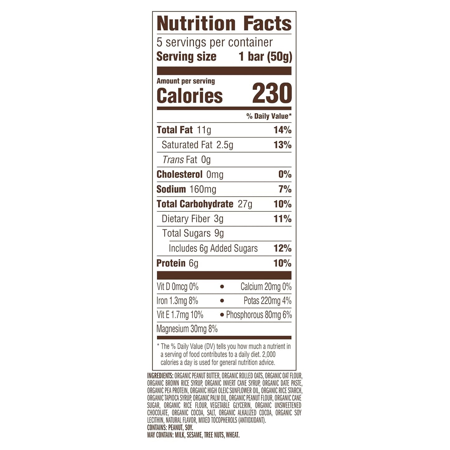 clif chocolate peanut butter energy snack bar, 1.76 oz, non-gmo, usda organic, 5 pack