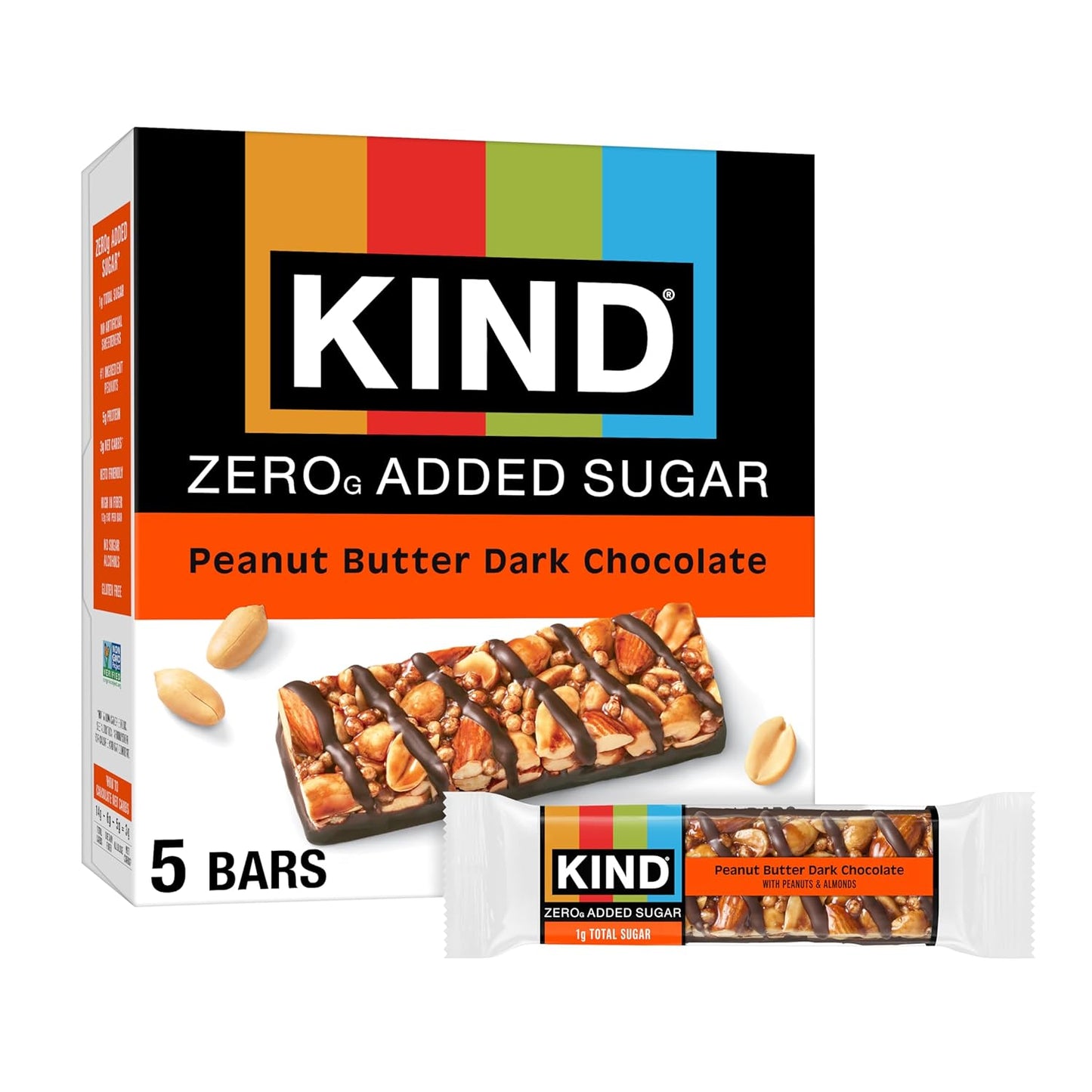 Kind Zero Added Sugar Healthy Snacks Bars, Dark Chocolate Nuts & Sea Salt, Gluten Free, High Fiber, Keto Snacks, 5g Protein, 5 Count