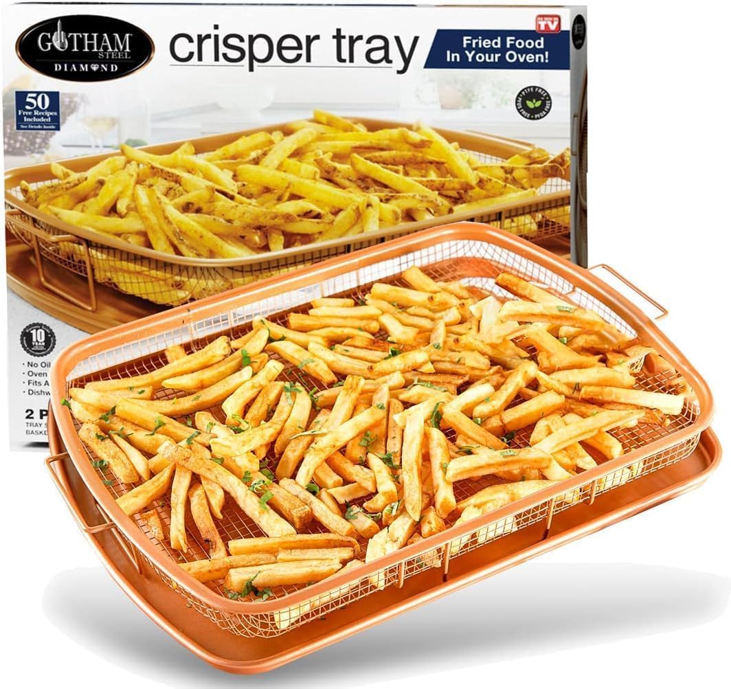 Gotham Steel Baking Sheet with Air Fry Rack, 16.5” x 12.5”, 2 Pc Multipurpose Air Fryer Tray and Cookie Sheet Pan for Oven, Use as Cooling Wire Rack, for Cooking, Pizza, Bacon, Dishwasher Safe