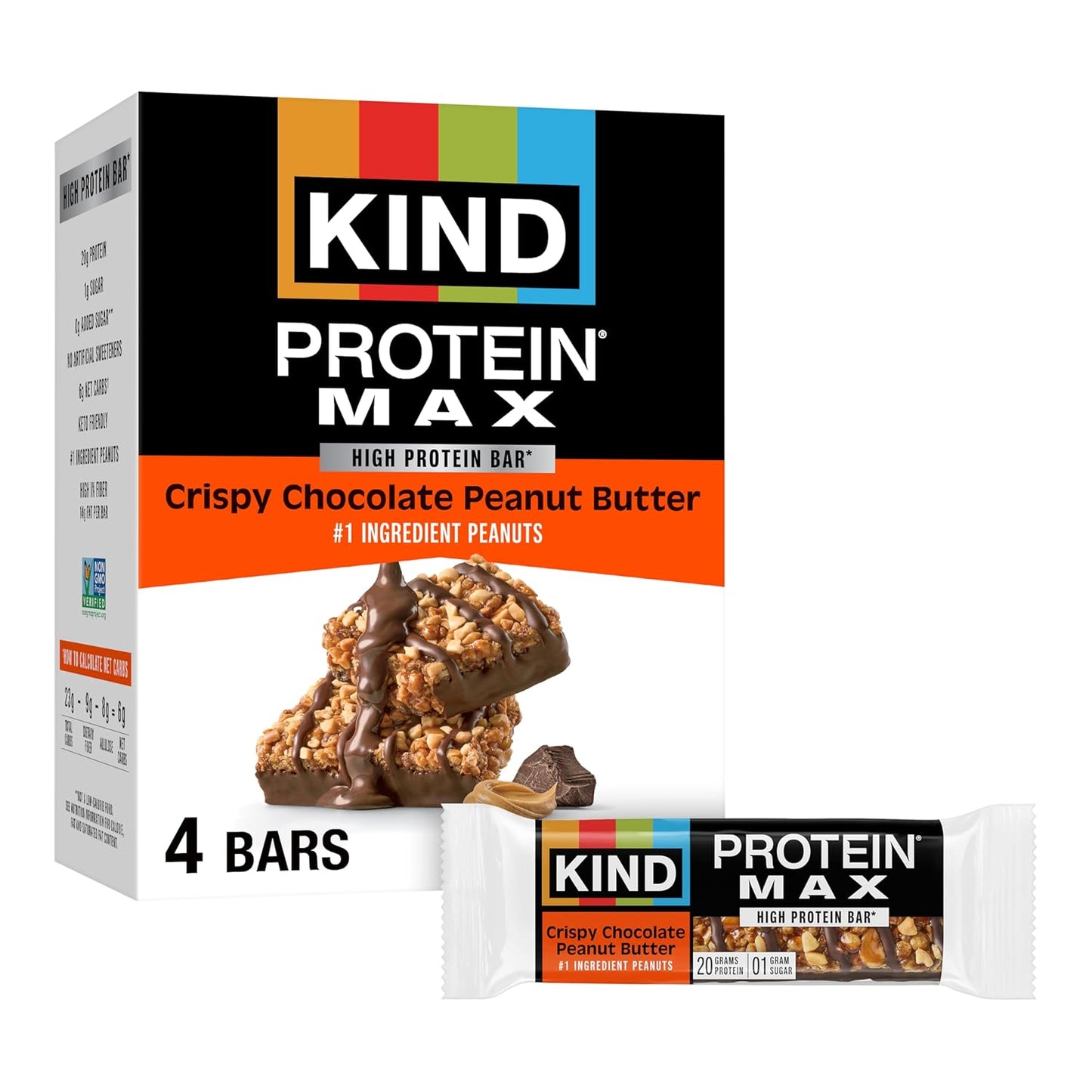 KIND Protein MAX Bars, Sweet & Salty Caramel Peanut Crisp, Gluten Free, Low Sugar, High Fiber Snacks, 20g Protein, 4 Count