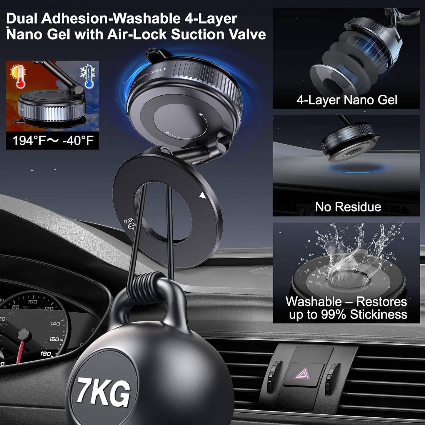 Vacuum Magnetic Suction Phone Holder, Foldable and Retractable Hands-Free Suction Cup Phone Mount for Car/Gym/Mirror/Smooth Surface, Compatible with iPhone Android and All Smartphones (Black)